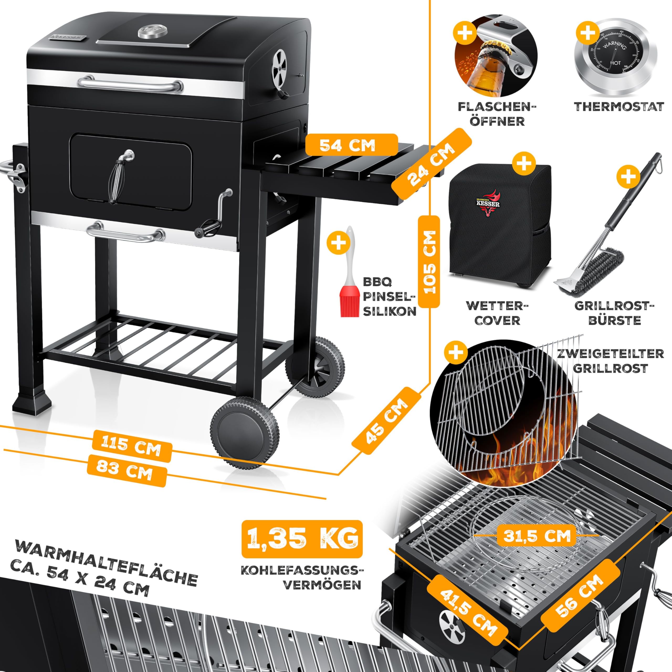 KESSER® Parilla de Carbón con Carrito Grill con Tapa, Ruedas, Mango de Acero Inoxidable | Barbacoa, Cepillo, Cubierta y Termómetro Carbón Wagen Grande BBQ Barbacoa Camping, Jardín XL Negro — view 7
