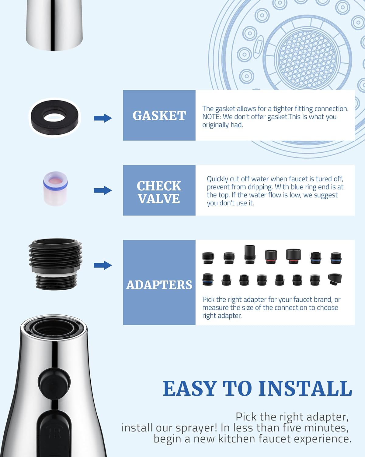Kitchen Faucet Sprayer Head Replacement - Pull Down Faucet Spray Head with 15 Adapters, Pull Out Faucet Sprayer Nozzle, 3 Function Kitchen Tap Spray Spout Part Connector, Chrome