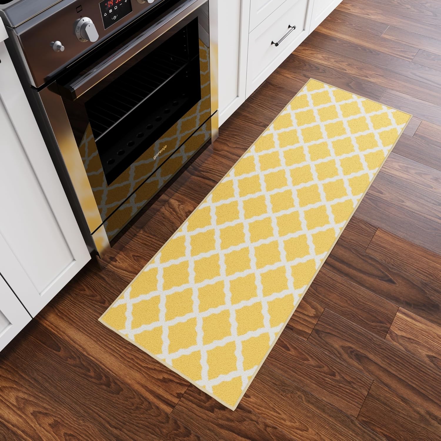 Machine Washable Moroccan Trellis Design Non-Slip Rubberback 2x5 Traditional Indoor Runner Rug for Hallway, Kitchen, Bedroom, Entryway, 20" x 59", Yellow