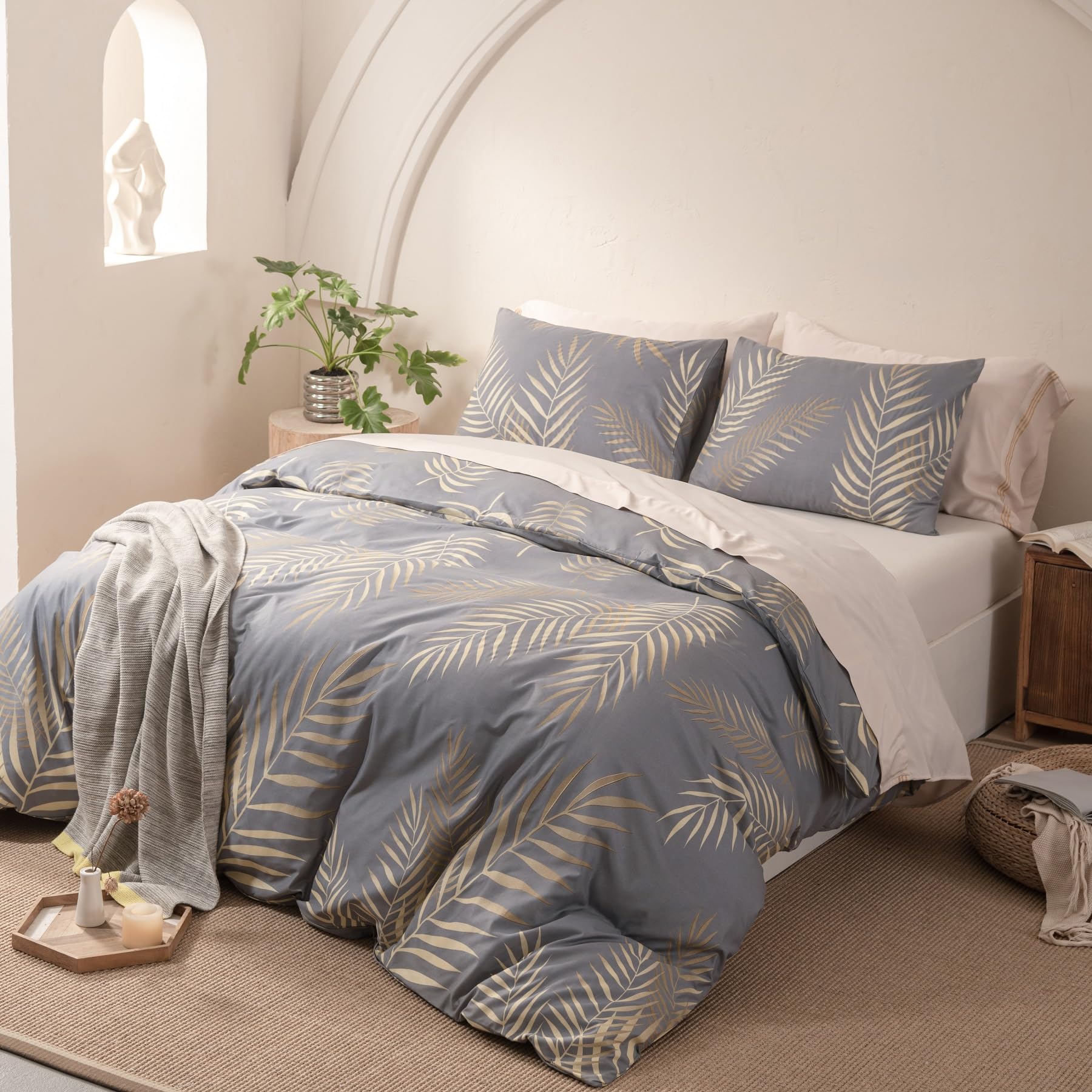 Funda nórdica de 240 x 260 cm, hojas de palmera tropicales con motivo dorado gris, juego de ropa de cama de microfibra suave para 2 personas adultas con cremallera y fundas de almohada de 65 x
