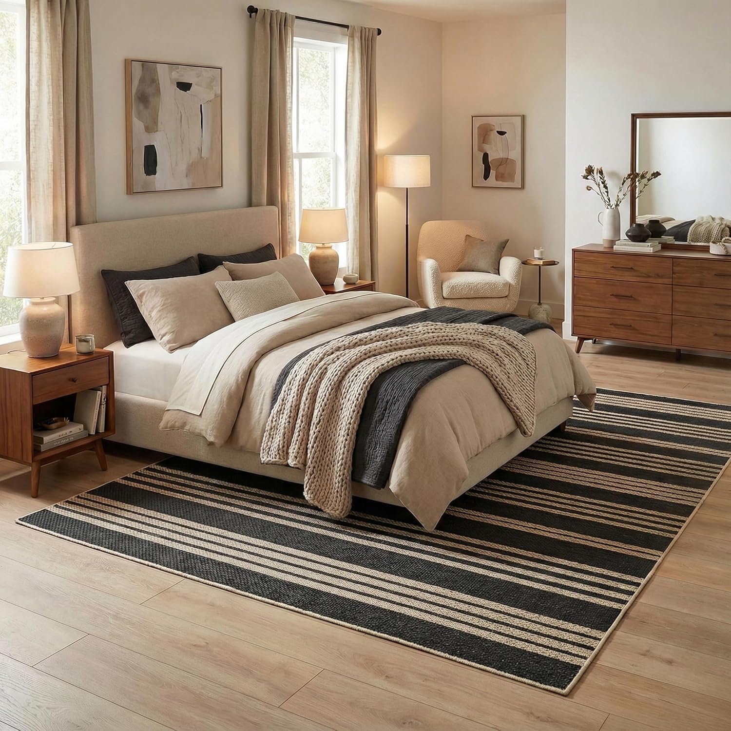 COZYLOOM Striped Easy Jute Rug 5x7 Washable Area Rug for Living Room, Modern Backyard Rugs with Non Slip Backing, Stain Resistant Non Shedding Farmhouse Mats for RV, Patio, Bedroom, Black/White