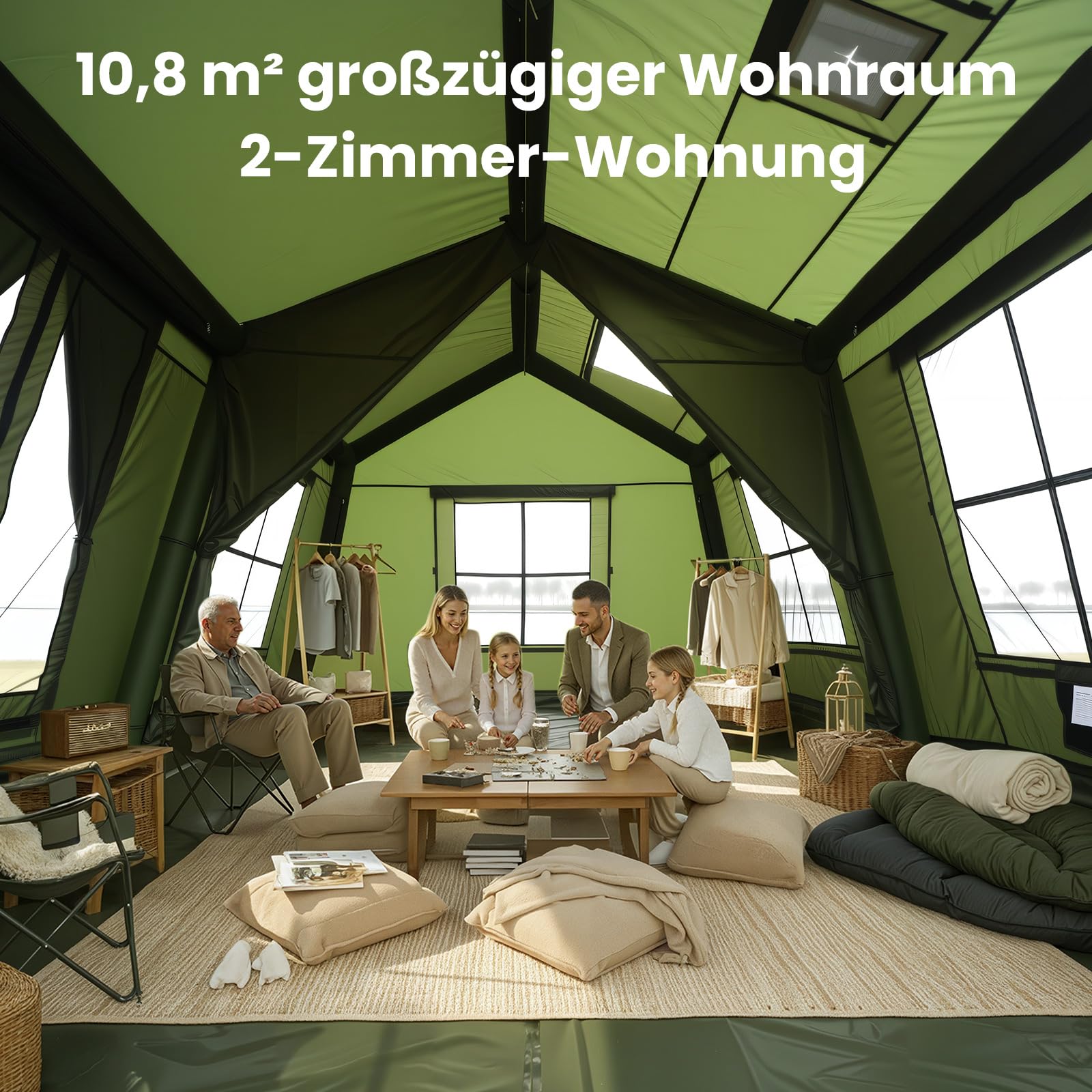 Ytaoeo Aufblasbares Zelt für 8-10 Personen Outdoor Camping Zelt mit Kaminöffnung Vordach Aufblasbares Campingzelt aus Wasserdichtem Oxford-Stoff Air Glamping Zelte