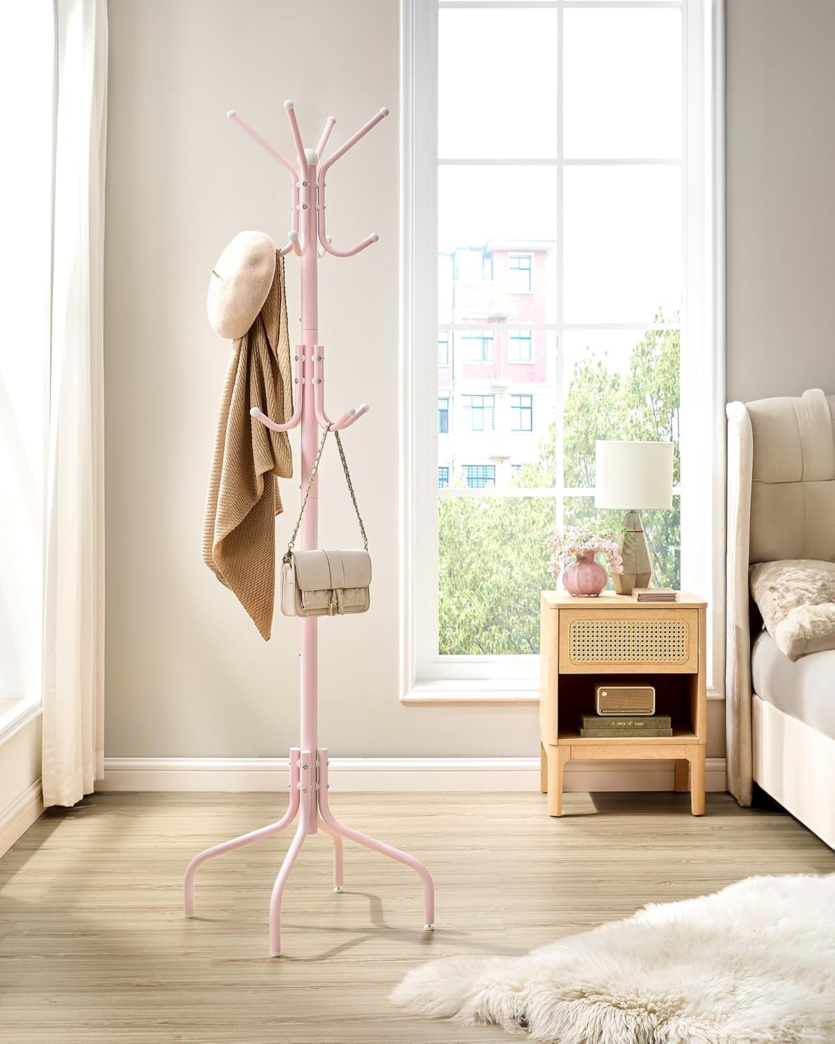 SONGMICS Coat Rack Freestanding, Metal Coat Rack Stand with 12 Hooks and 4 Legs, Holds Clothes, Hats, and Bags, for Entryway, Living Room, Bedroom, Jelly Pink URCR031R01