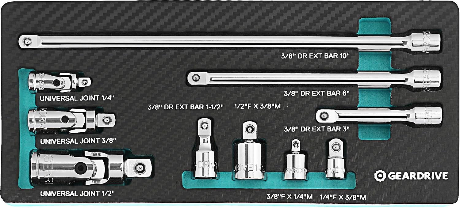 10-Piece Socket Accessory Set - Premium Chrome Vanadium Made with Mirror Finish - Includes Socket Adapters, Extensions and Universal Joints Organized in EVA Foam Package