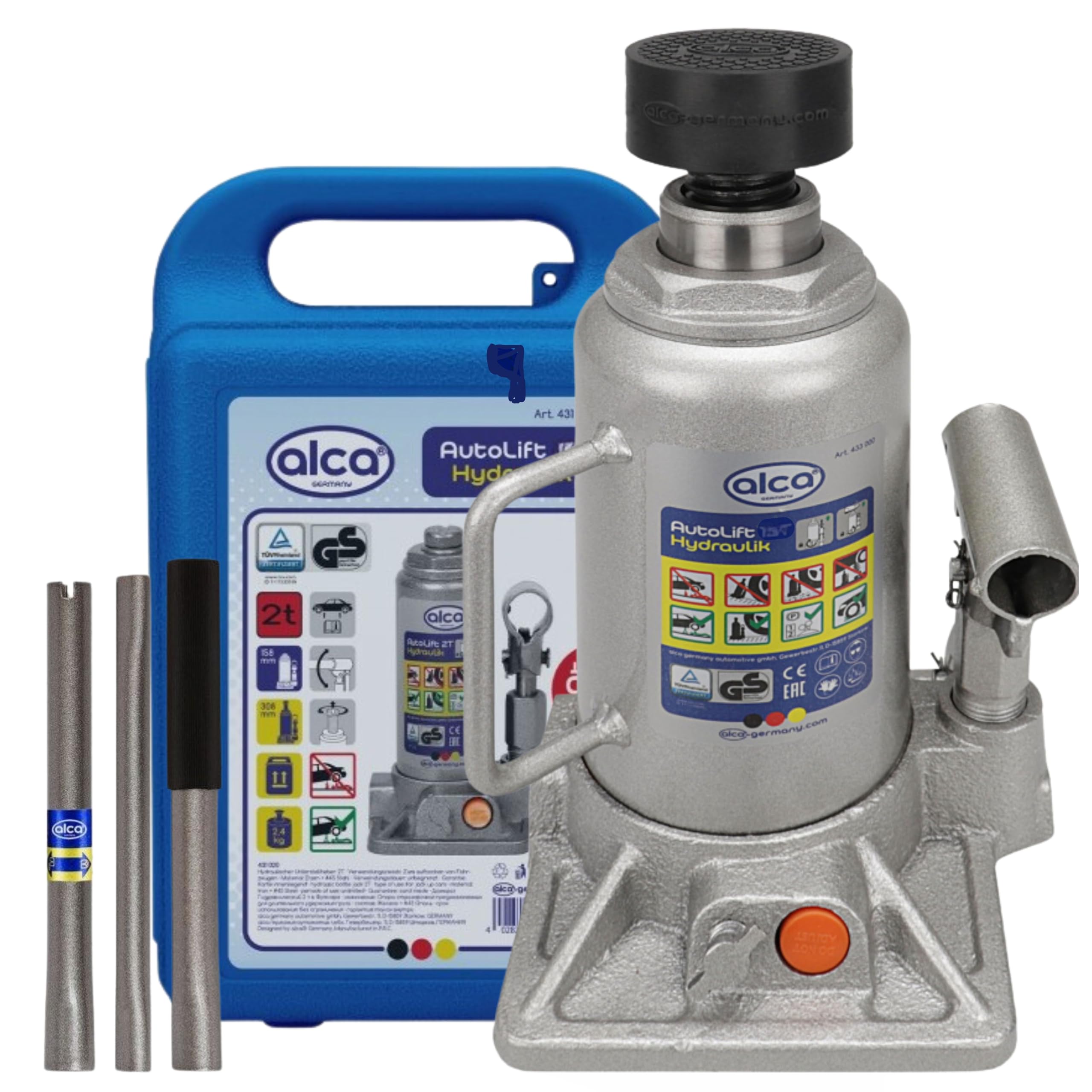 alca Soporte hidráulico de elevación para botella de coche con almohadilla de goma para coche, furgoneta, autocaravana a432050+RS (gato de botella de 5 toneladas)