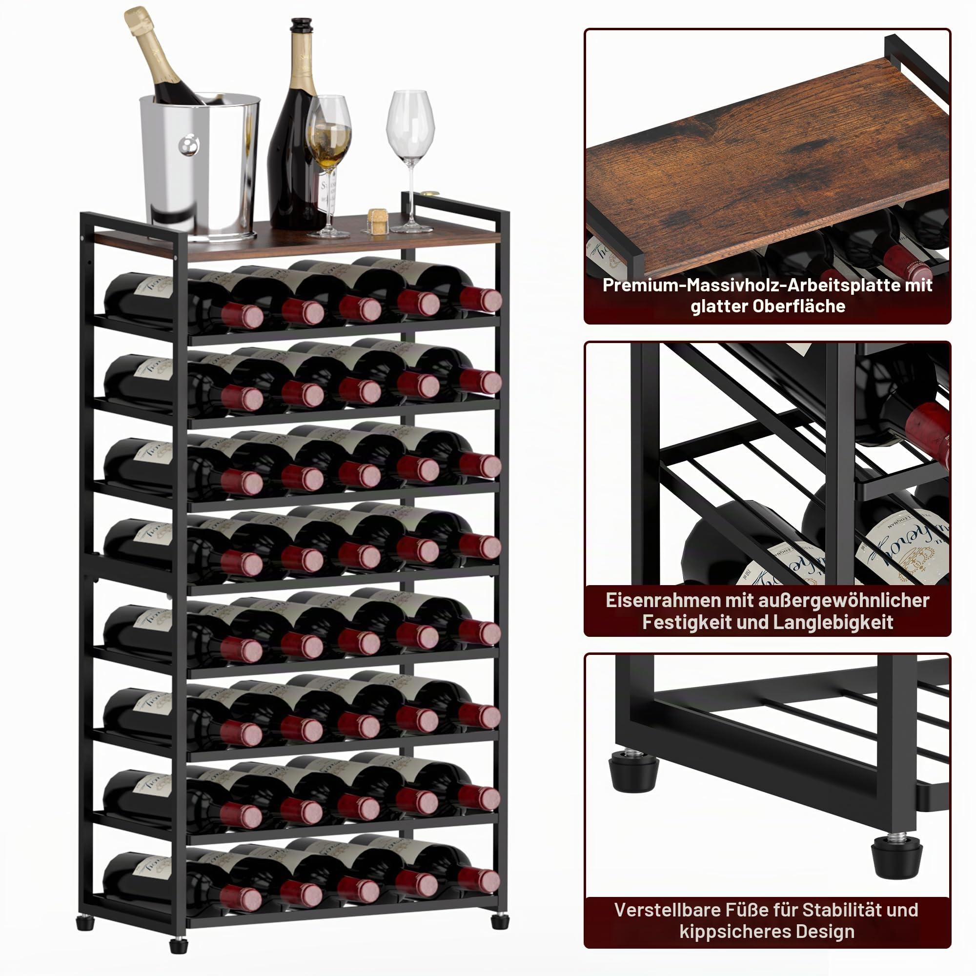 Weinregal für 40 Flaschen, 8-stufiges Flaschenregal, Stehendes Metall-Weinregal mit Tischplatte, Abnehmbarer Weinflaschenhalter, Barständer, Ausstellungsregal für Küche, Bar, Wine Rack