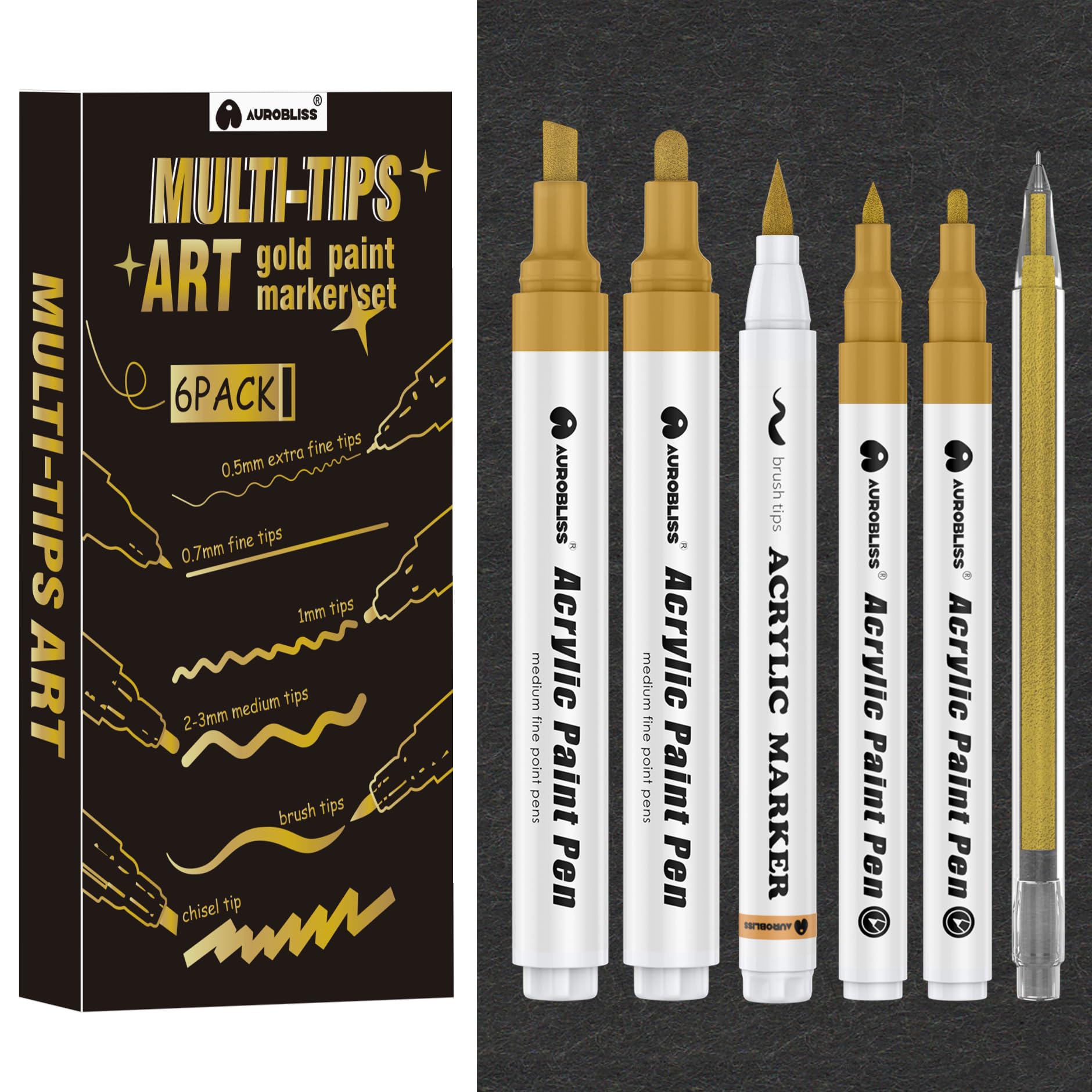 Aurobliss Gold Pens for Craft 6pcs, Metallic Gold Paint Pens Set with Brush Pen, Fineliner, chisel/medium/fine tip Acrylic Pens for Fabric, Stone, Wood, Calligraphy, Scrapbook Supplies DIY