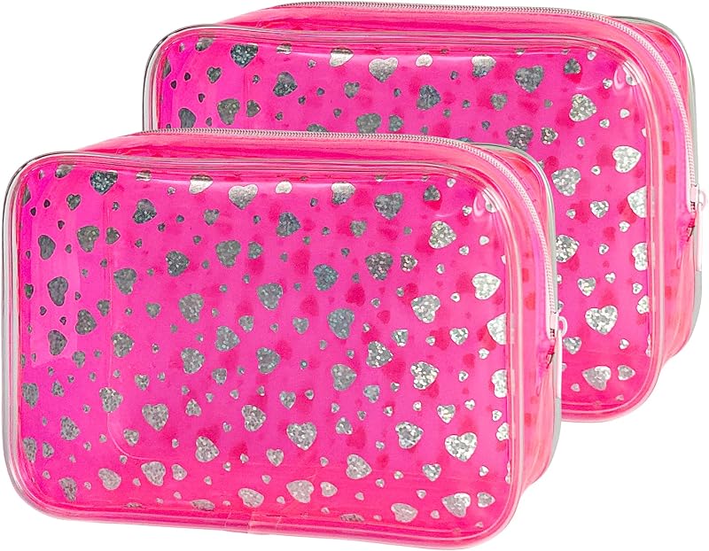 Necessaires transparentes TotePrint em PVC com estampa de coração rosa, 2 unidades