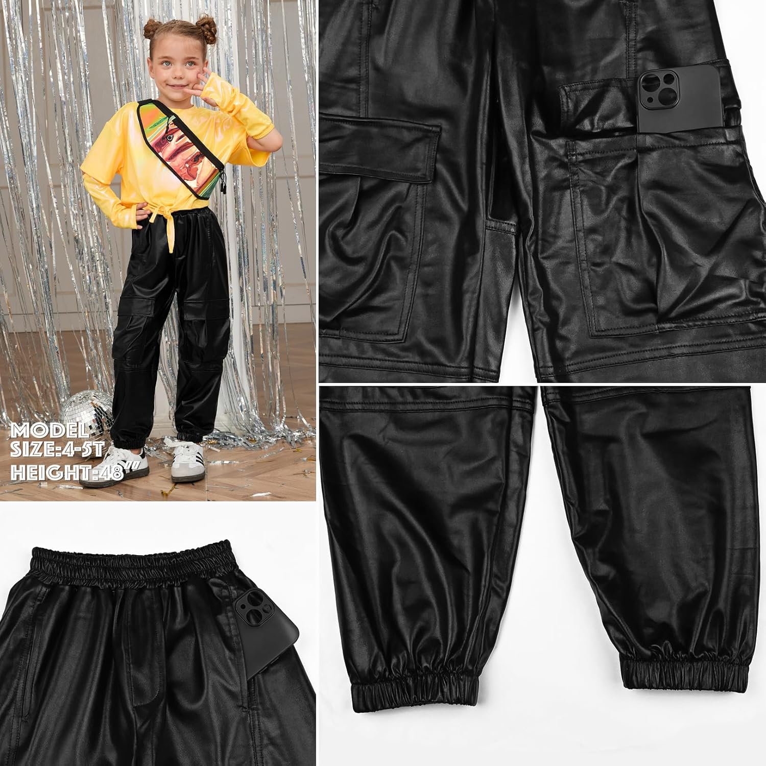 Perfashion Metallic Cargo Pants for Girls & Womens Hip Hop Dance Multi-Pocket Joggers High Waist Pants 6-15Y - Image 5