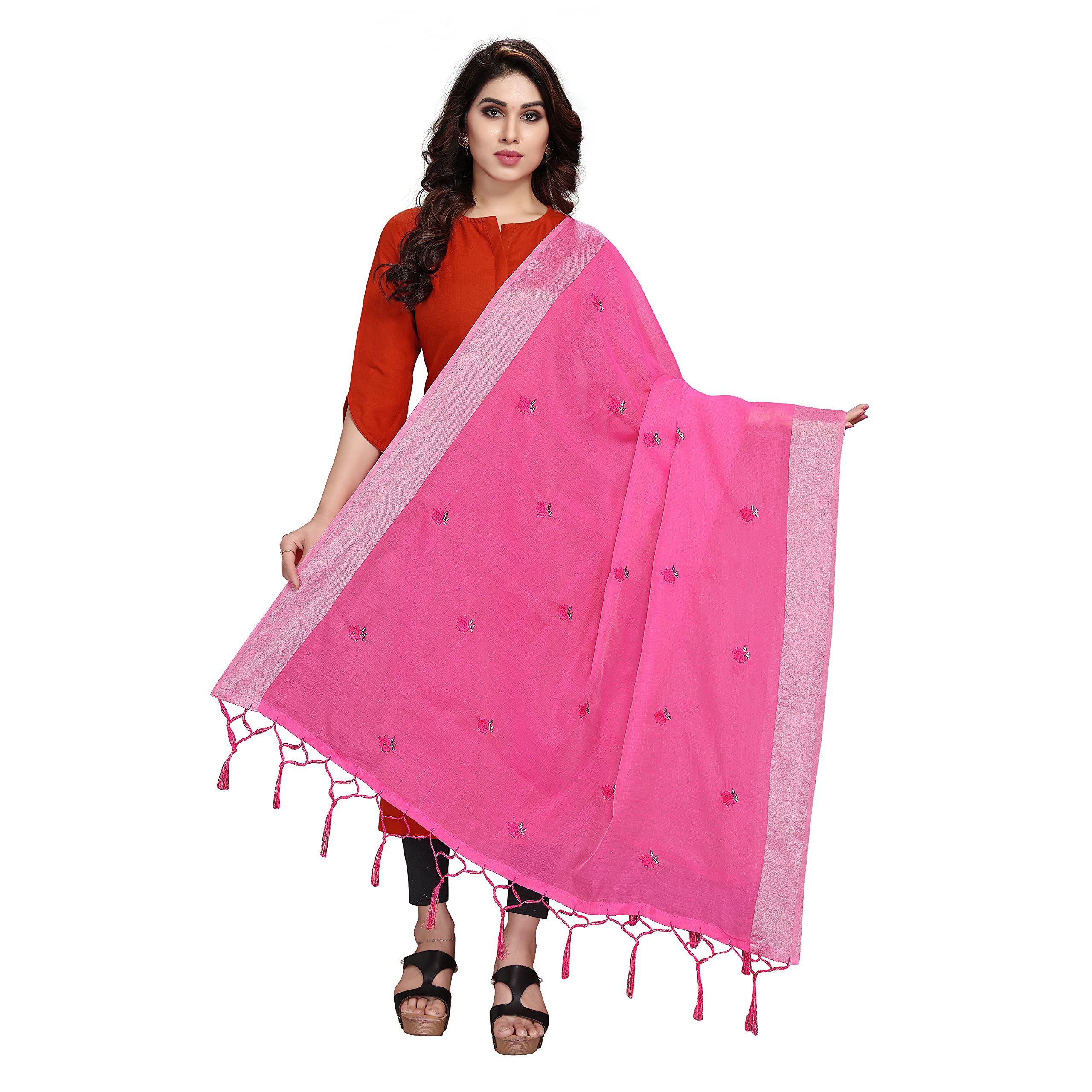 Sidhidata Textile Women's Embroidered Cotton Silk Dupatta With Tassels (2.20 Mtr)