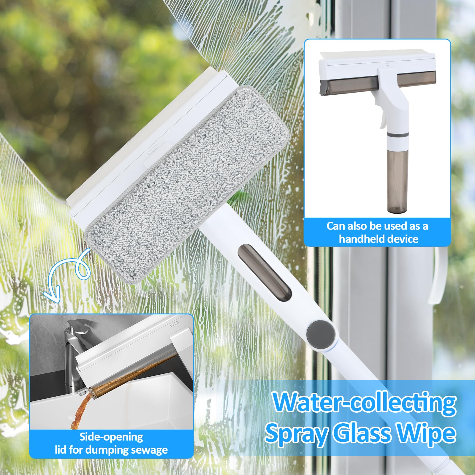 Telescopico Lava Vetri Finestre – Spazzola con Spray e Vaschetta Raccogli Acqua Integrata, Lavavetri Professionale in Silicone con 5 Panni in Microfibra