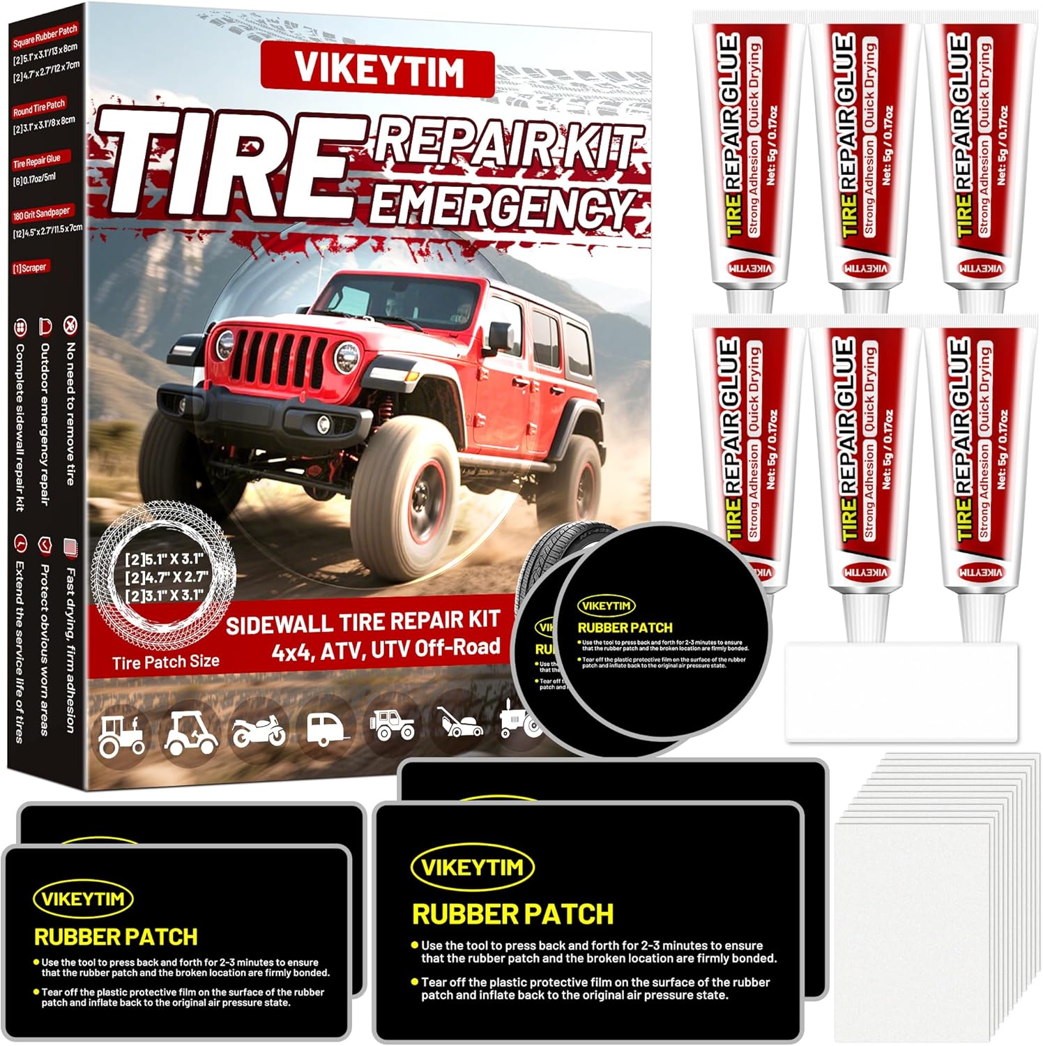 Sidewall Tire Repair Kit, Off-Road 4x4 Emergency Tire Patch Kit, UTV ATV Outdoor No Need to Remove Rubber Patch Kit Scratch or Puncture Repair Off-Road Accessories