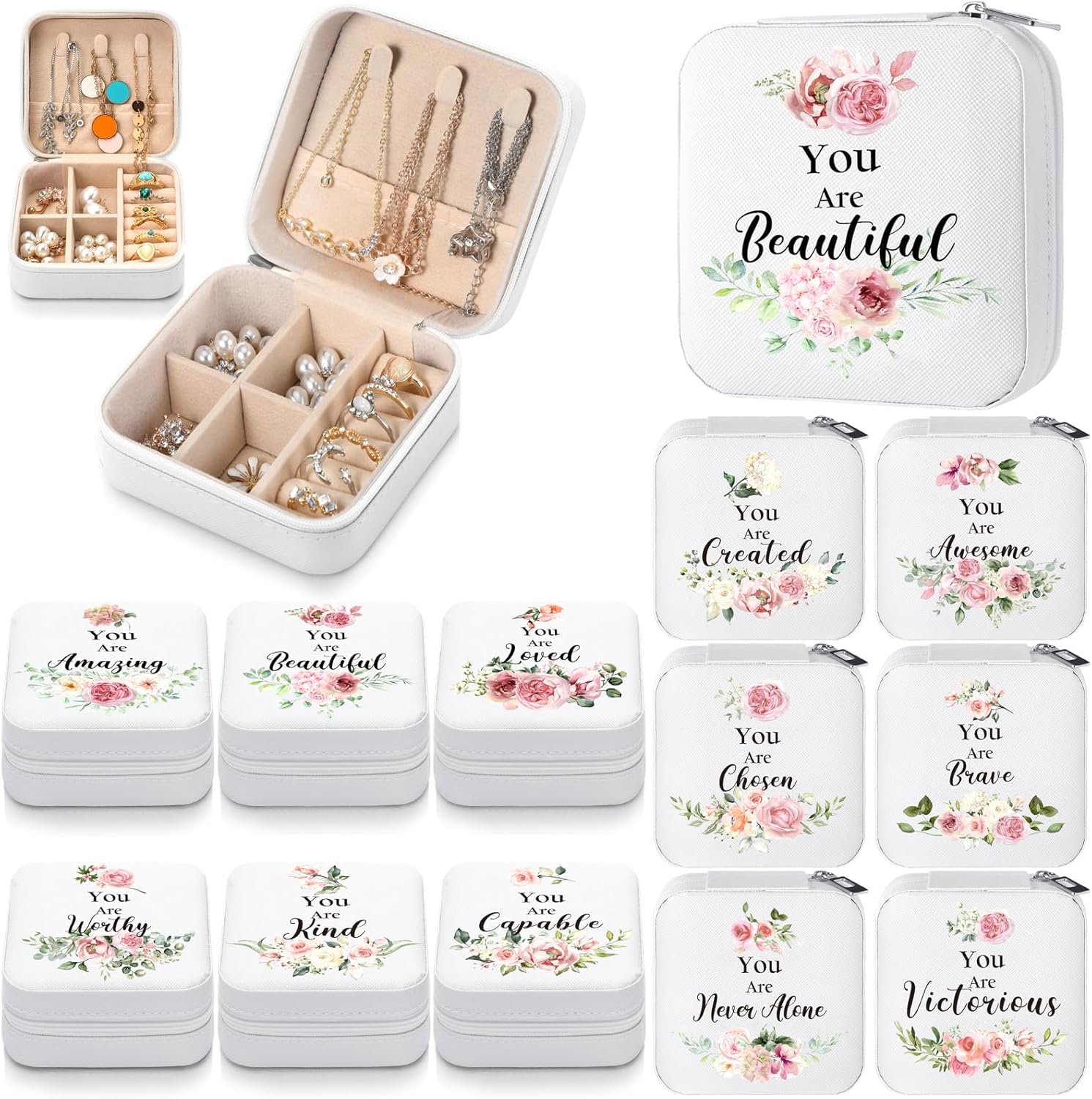 Kacctyen 24 Pcs Mini Travel Jewelry Case Bulk You Are Beautiful Loved Pink Rose Mother's Day Church Gift for Secretary Women Party Favors Girls Leather Travel Jewelry Case