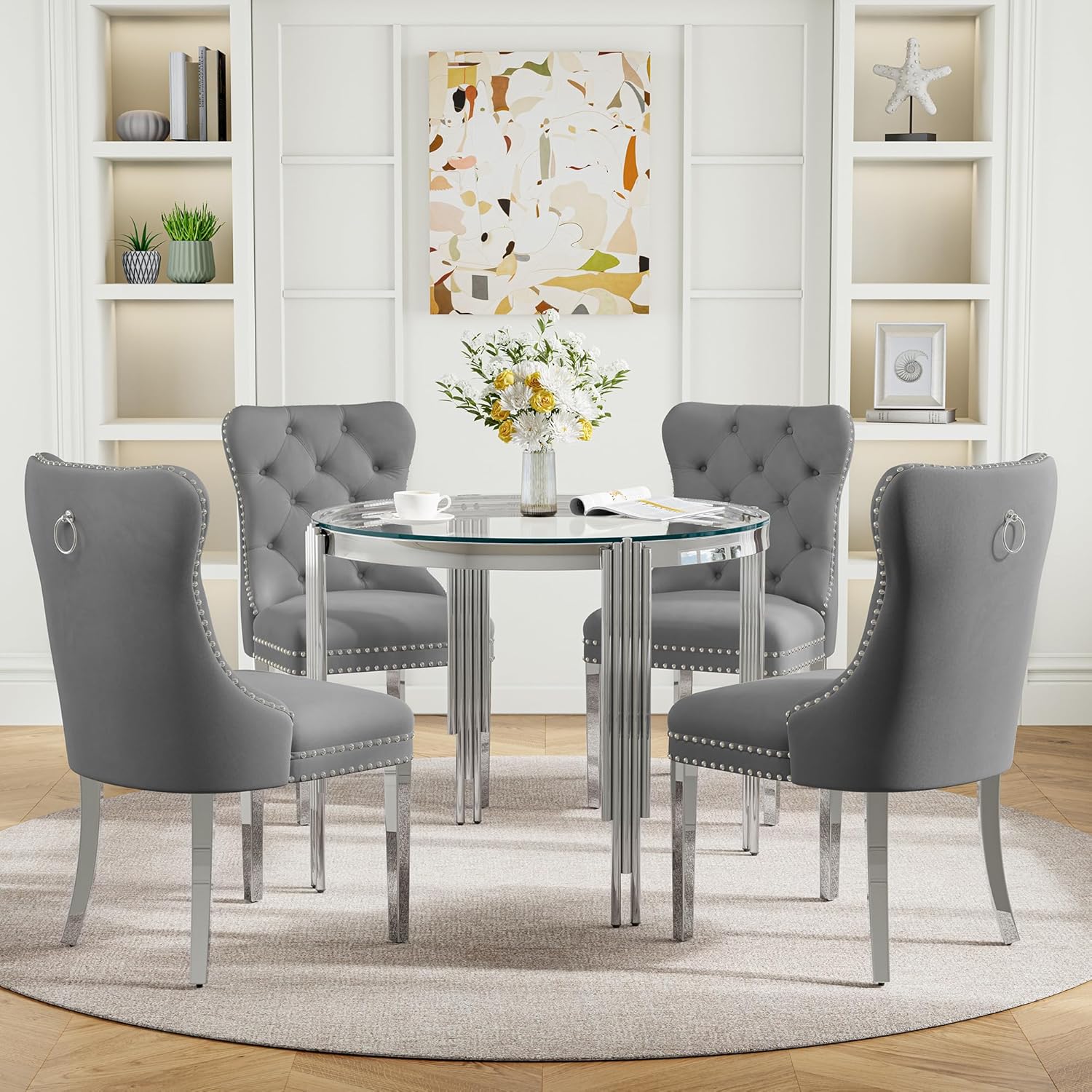 Amazon.com - Modehodei Round Glass Dining Table Set for 4, Modern 5 Piece Dining Room Set with ...