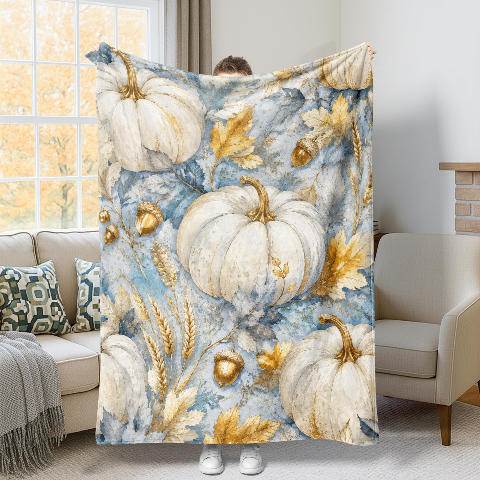 Couverture en peluche douce au motif esthétique de feuilles de gland bleu automnal