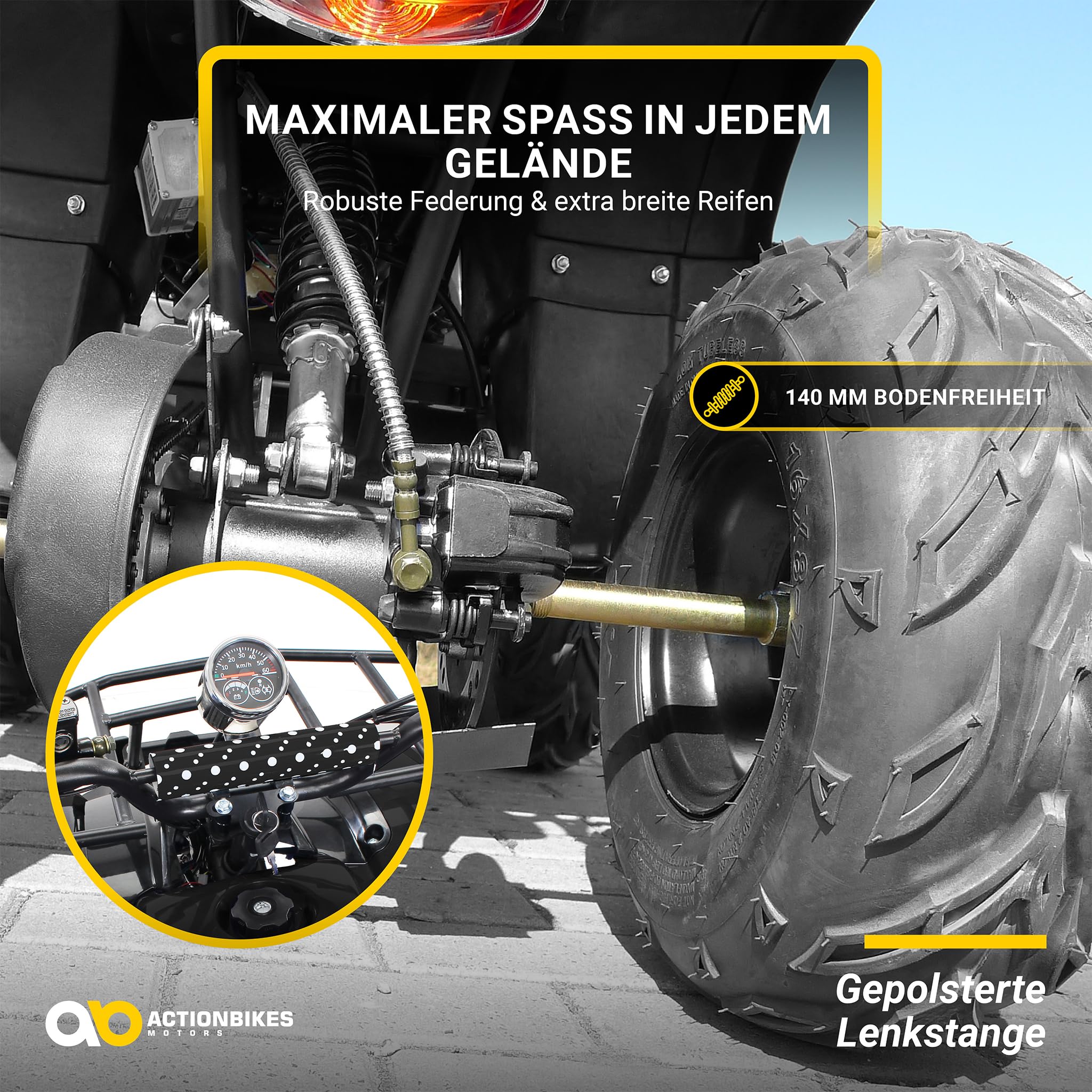 Actionbikes Motors Kinder Quad Elektro ATV S-8 Farmer | 𝟒𝟖 Volt 𝟭𝟬𝟬𝟬 Watt Motor bis 𝟐𝟬 km/h - Kinderquad - Pocket Quad - Scheibenbremsen - Miniquad - Für Kinder ab 8 Jahren (Schwarz)