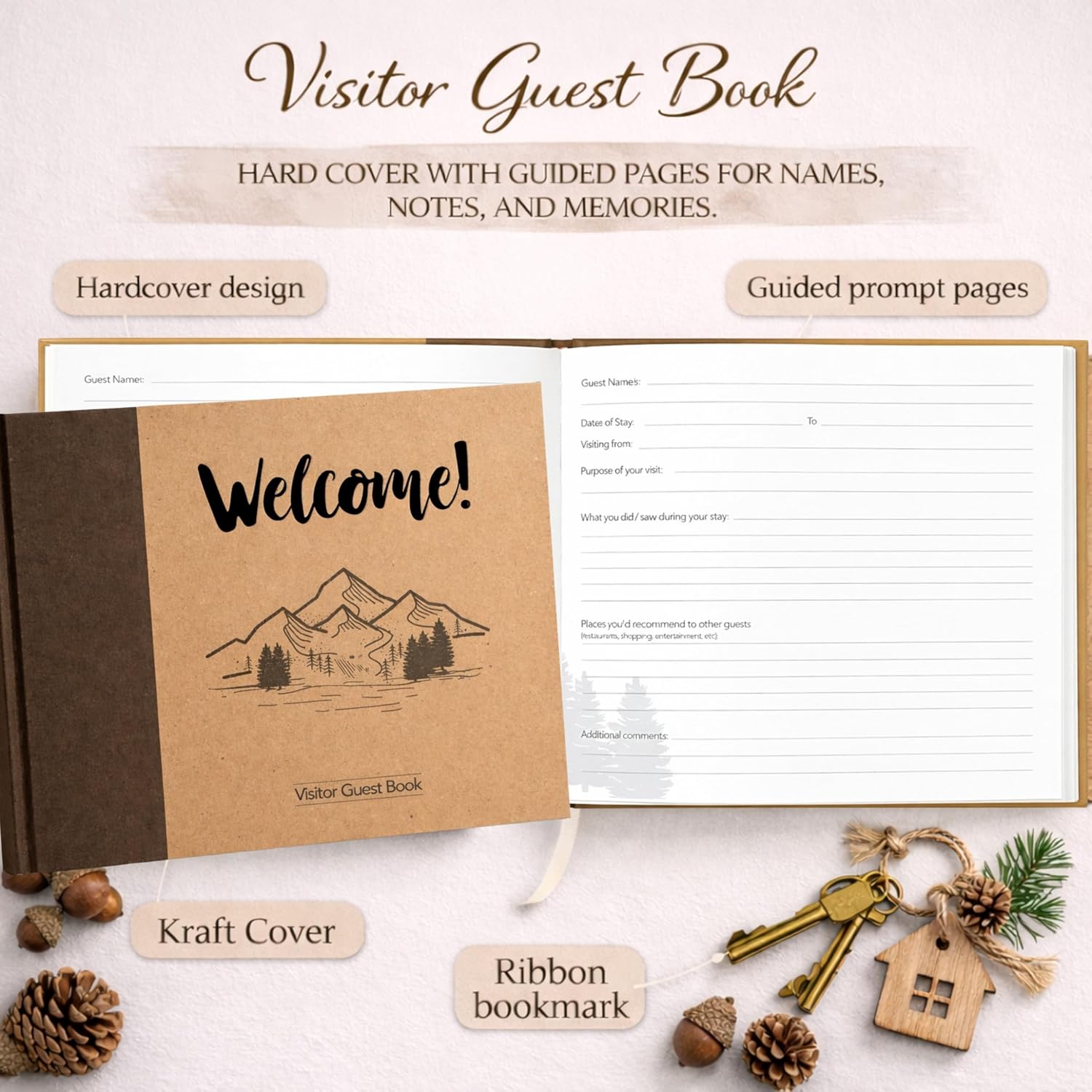 Paper 'n Such Cabin Guest Book for Vacation Homes and Short Term Rentals -Kraft Hardcover - Airbnb Essentials for Hosts- Visitor Sign in Journal Guesthouse Welcome Log