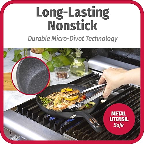 Vista 3 de GoodCook Juego de utensilios de cocina de aluminio antiadherente Micro-Divot de 12 piezas con sartenes, horno holandés, cuchara y volteador, negro