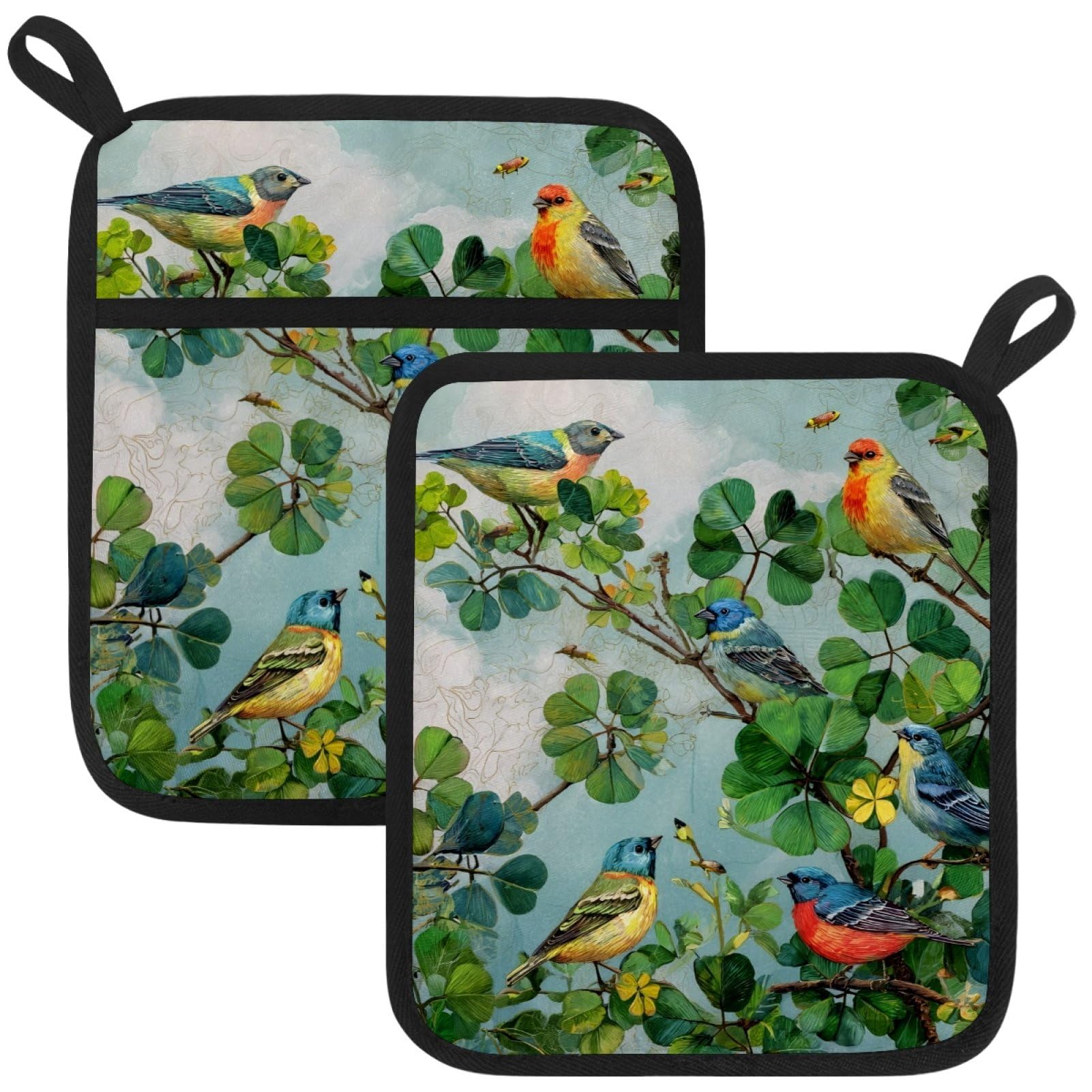 VAPOKF St. Patrick's Day Bird Heat Resistant Pot Holders, Thick Pot Holders Pad with Hanging Loop for Kitchen, Oven Cloth Pads for Kitchen Baking Microwave Oven