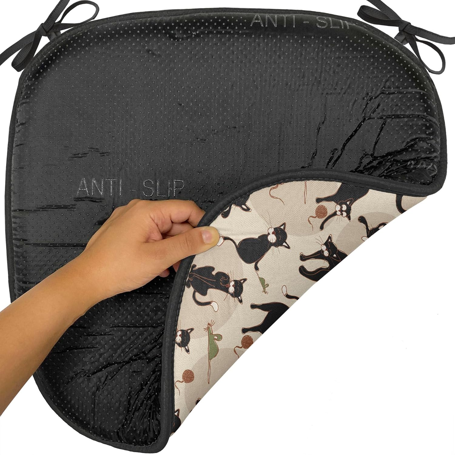 Ambesonne Cat Chair Seating Cushion Set of 6, Hand Drawn Feline Pattern House Pet Playing with Mouse and a Ball of Yarn, Anti-Slip Seat Padding for Kitchen & Patio, 16"x16", Black Tan Sea Green