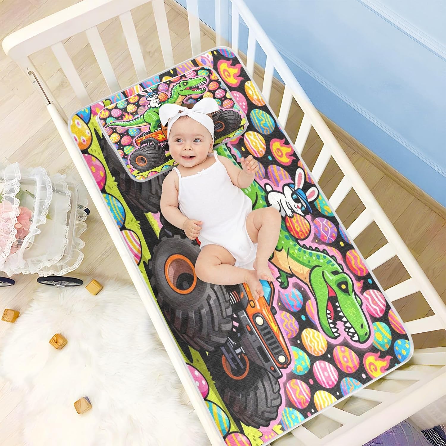 Cooling Baby Bed Mattress 28" x 52" Reusable Easter Dinosaur Monsters Truck Pads Washable Waterproof for Kids, Adult
