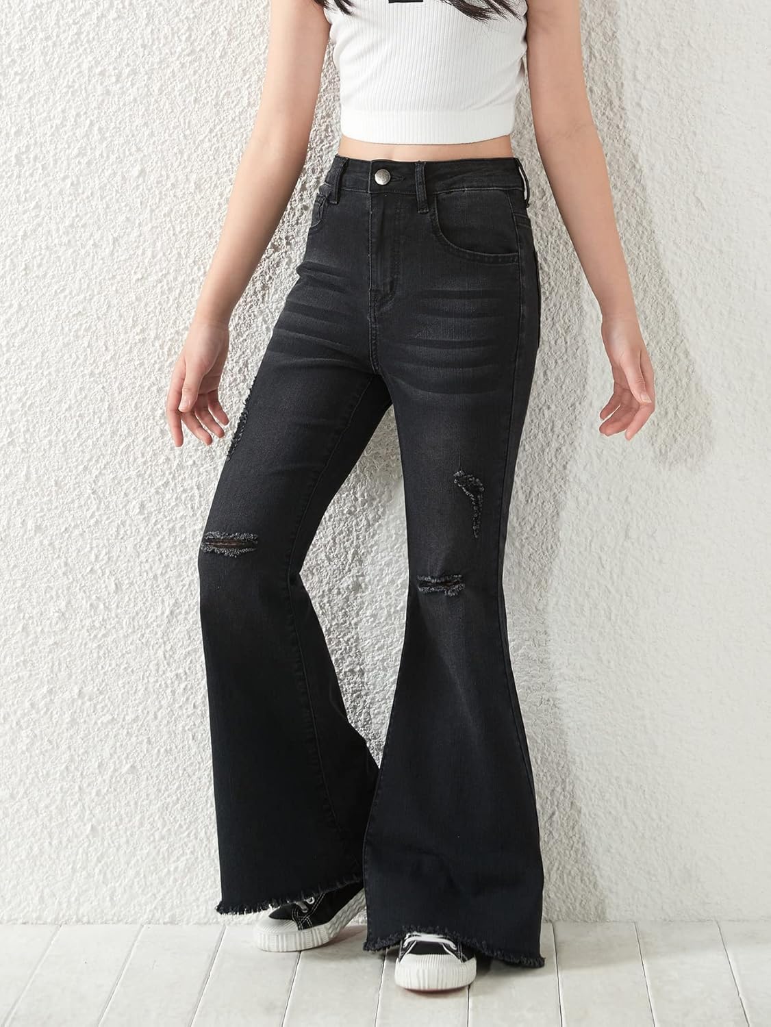 SHENHE Girl's High Waisted Flare Leg Jeans Split Raw Hem Denim Pants with Pockets - Image 3