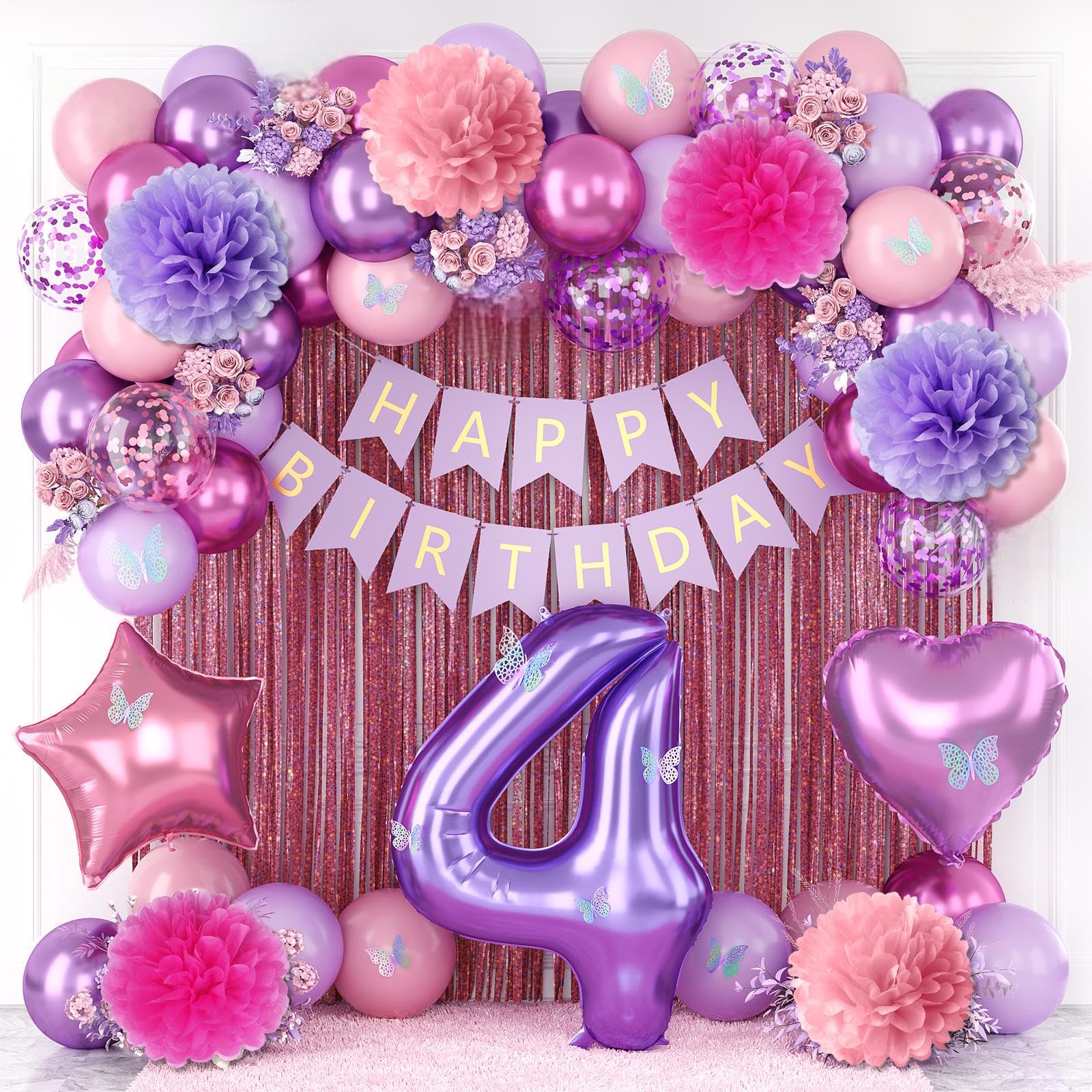 Pink Purple 4th Birthday Party Decoration for Girls Number 4 Princess Decor