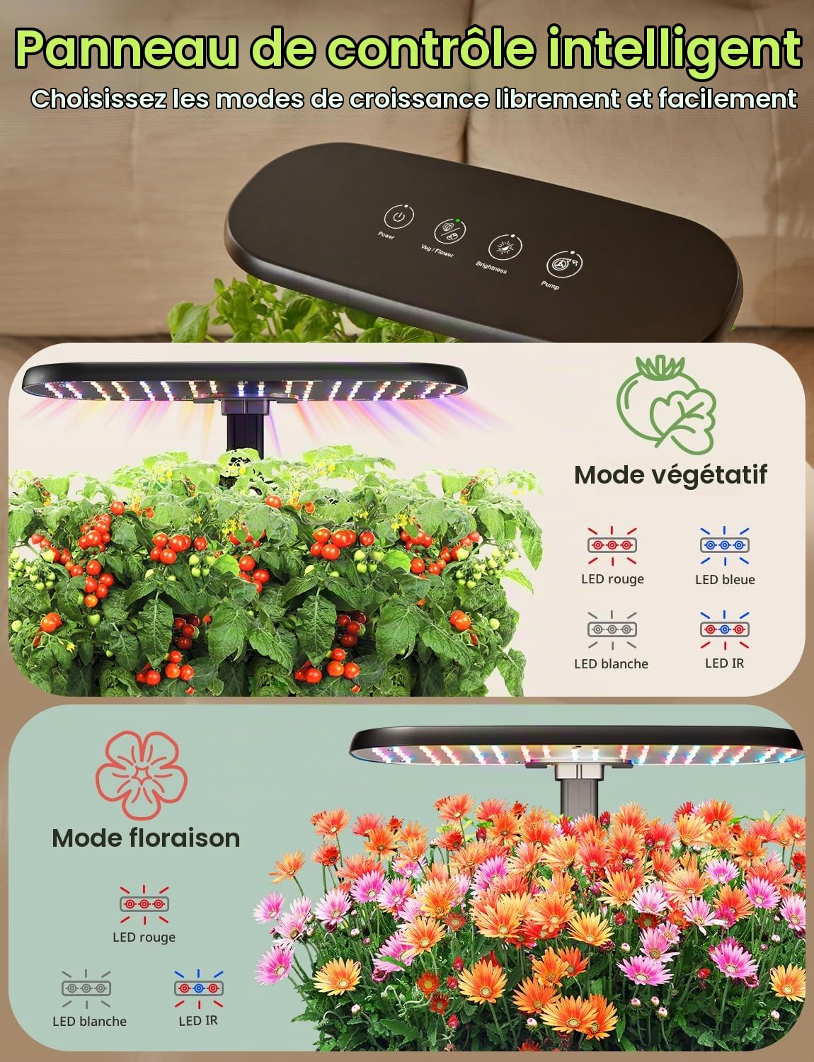 LETPOT Kit de système de Culture hydroponique Classique à 12 dosettes, Jardin d'herbes aromatiques d'intérieur à Del à Spectre Complet de 24 W, Double Modes légumes/Fruits et 2 Niveaux de luminosité