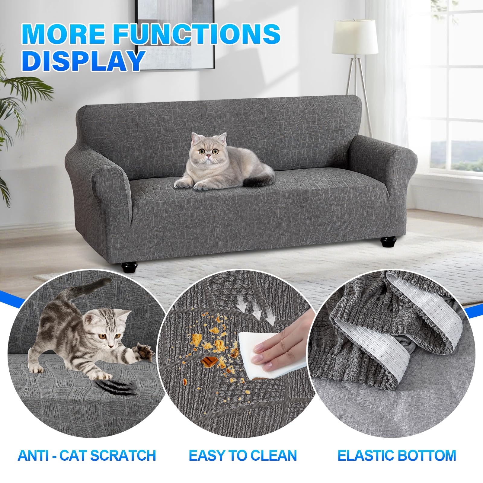 Ystyle Funda Sofa Impermeable 3 Plazas, Ajustables Fundas Sofa Elasticas, Universales Cubre Sofas Antiarañazos Gatos, Couch Cover Antideslizante Antimanchas, con Reposabrazos, Gris Claro