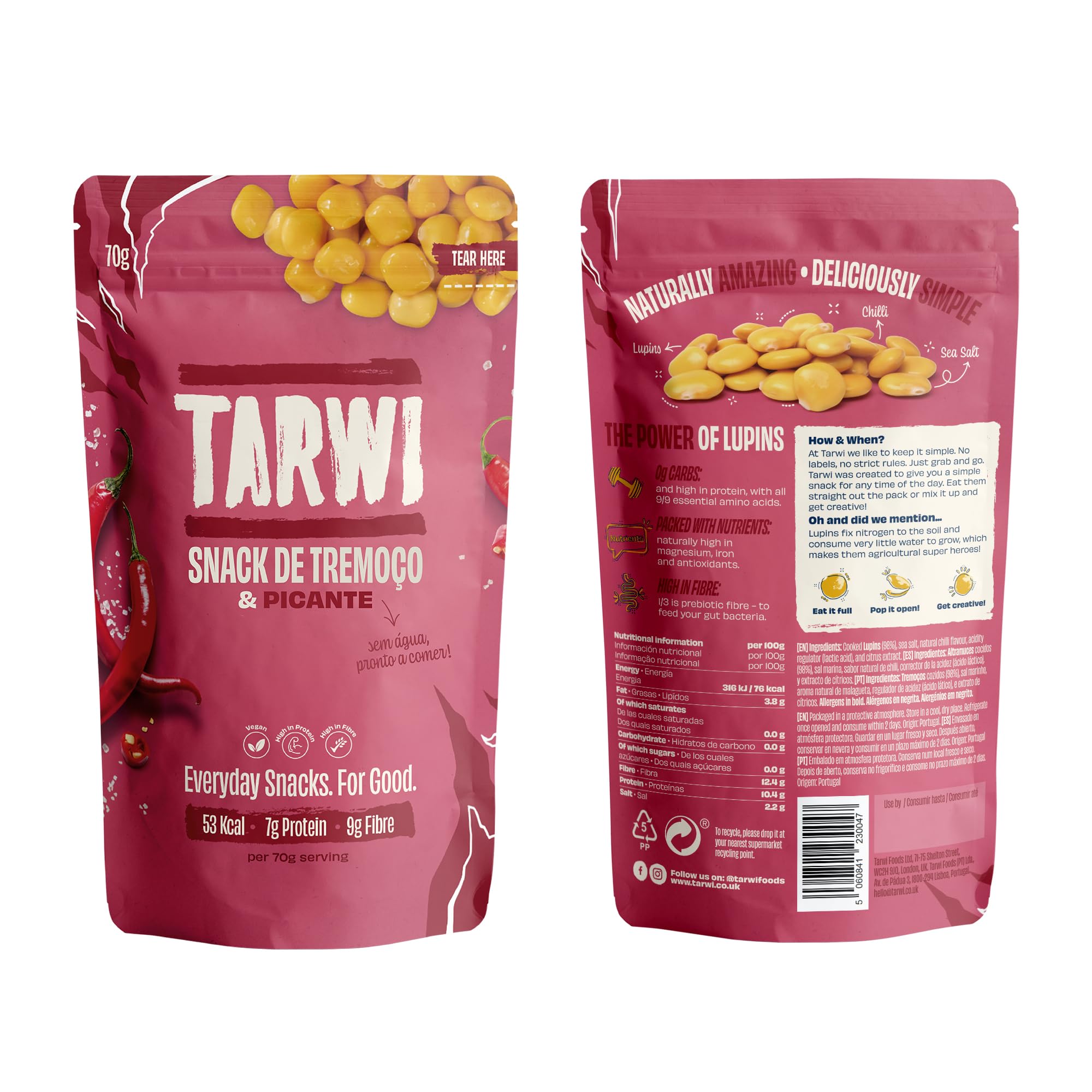 Tarwi Altramuces Marinados con Chilli, 12 Bolsas x 70g, Snack Proteico, Keto, Ingredientes Naturales, Proteina Vegetal, Bajo en Carbohidratos, Alto en Fibra, Snacks Veganos | Ingredientes Naturales, Proteina Vegetal, Bajo en Carbohidratos, Alto en Fibra,