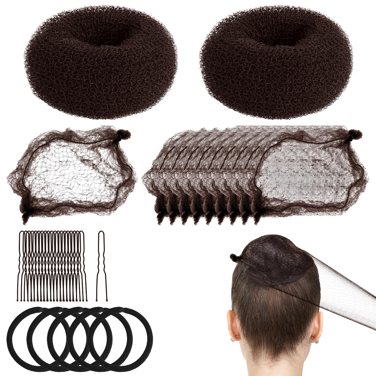 Kit Chignon Bambine, 2 Mini Donut per Capelli, 10 Reti Invisibili, 20 Forcine, 5 Elastici per Ragazze Danza Balletto Festa (Marrone)