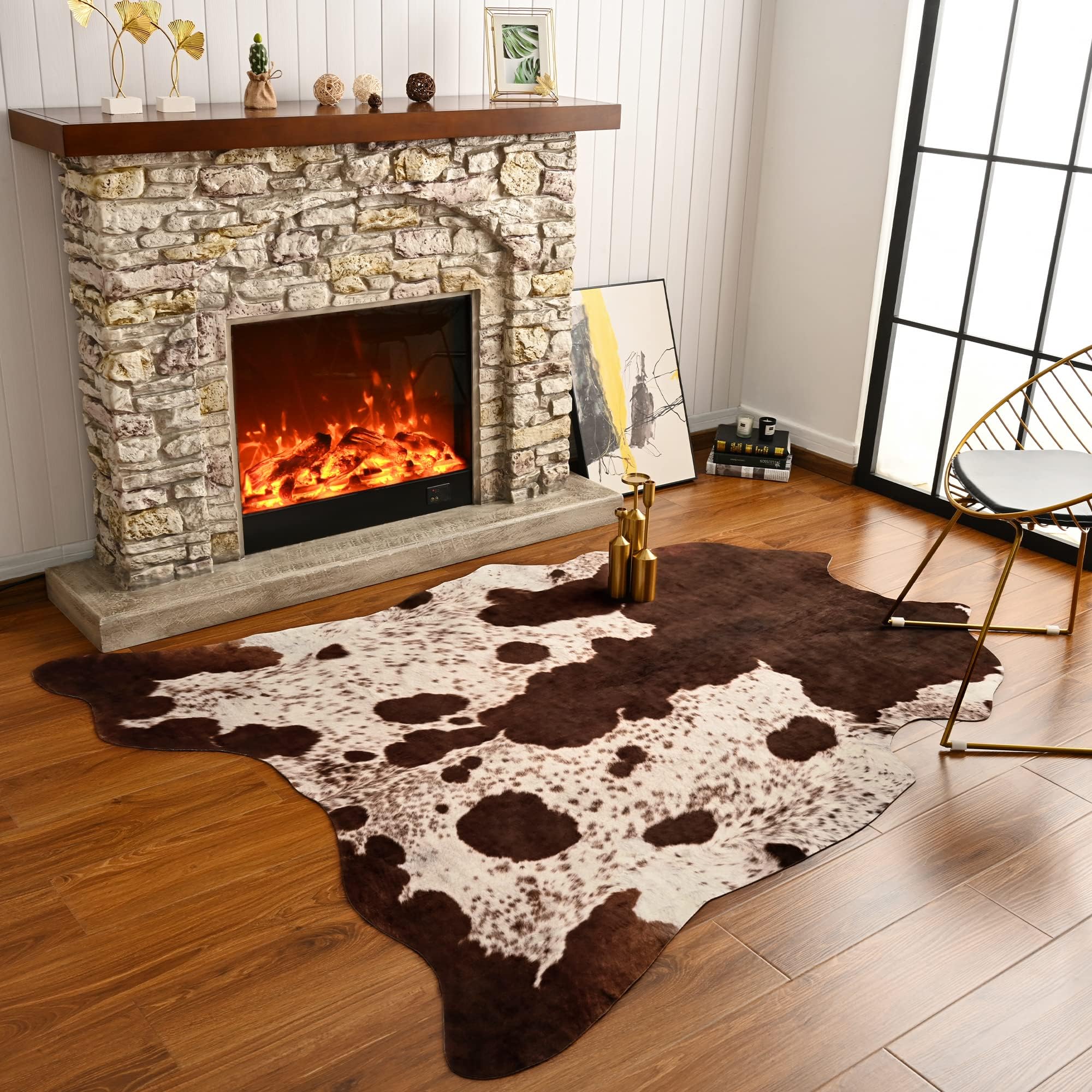 Quenlife Cowhide Rug for Living Room, Soft Cow Print Rug Cute Cow Rug for Bedroom, Cow Hide Rug Faux Animal Rug for Western Home Theme Room Decor, White and Browm, 4.6 x 5.2 ft