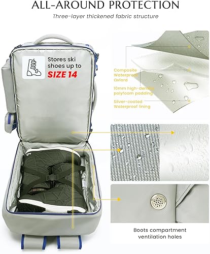 Miniatura 4 de Mochila para botas de esquí, 61 litros, totalmente acolchada, bolsa de equipo de esquí y snowboard, mochila de viaje para casco de esquí, gafas,
