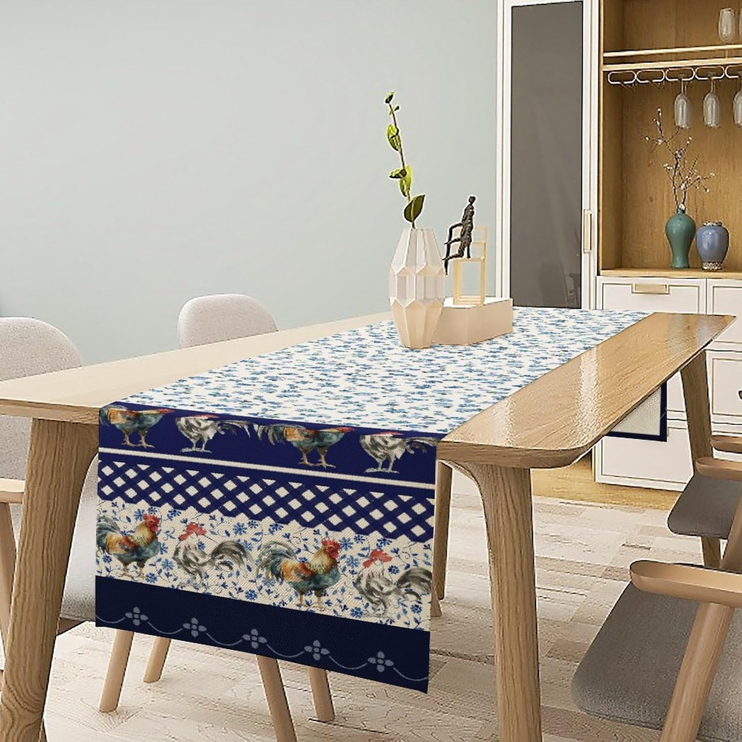 Rooster Farm Table Runner, Watercolor Blue Floral Modern Vintage Rustic Sunflower Chickens Table Decor Dining Kitchen Wedding Party 13x120 Inch