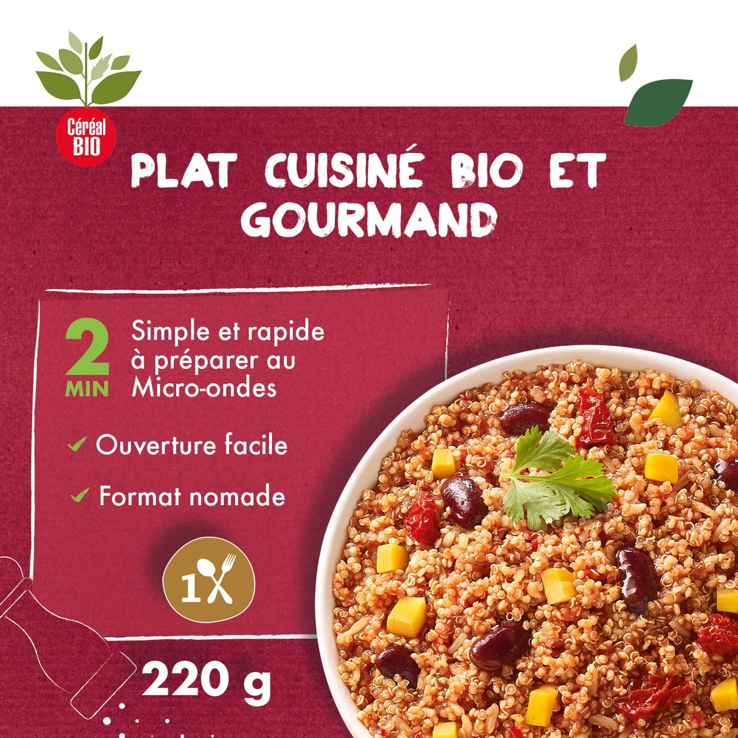 CEREAL BIO Quinoa Royal tomates séchées et piment d'Espelette bio, 220 g — recette authentique aux grains volumineux et goût délicatement relevé - Lot de 4