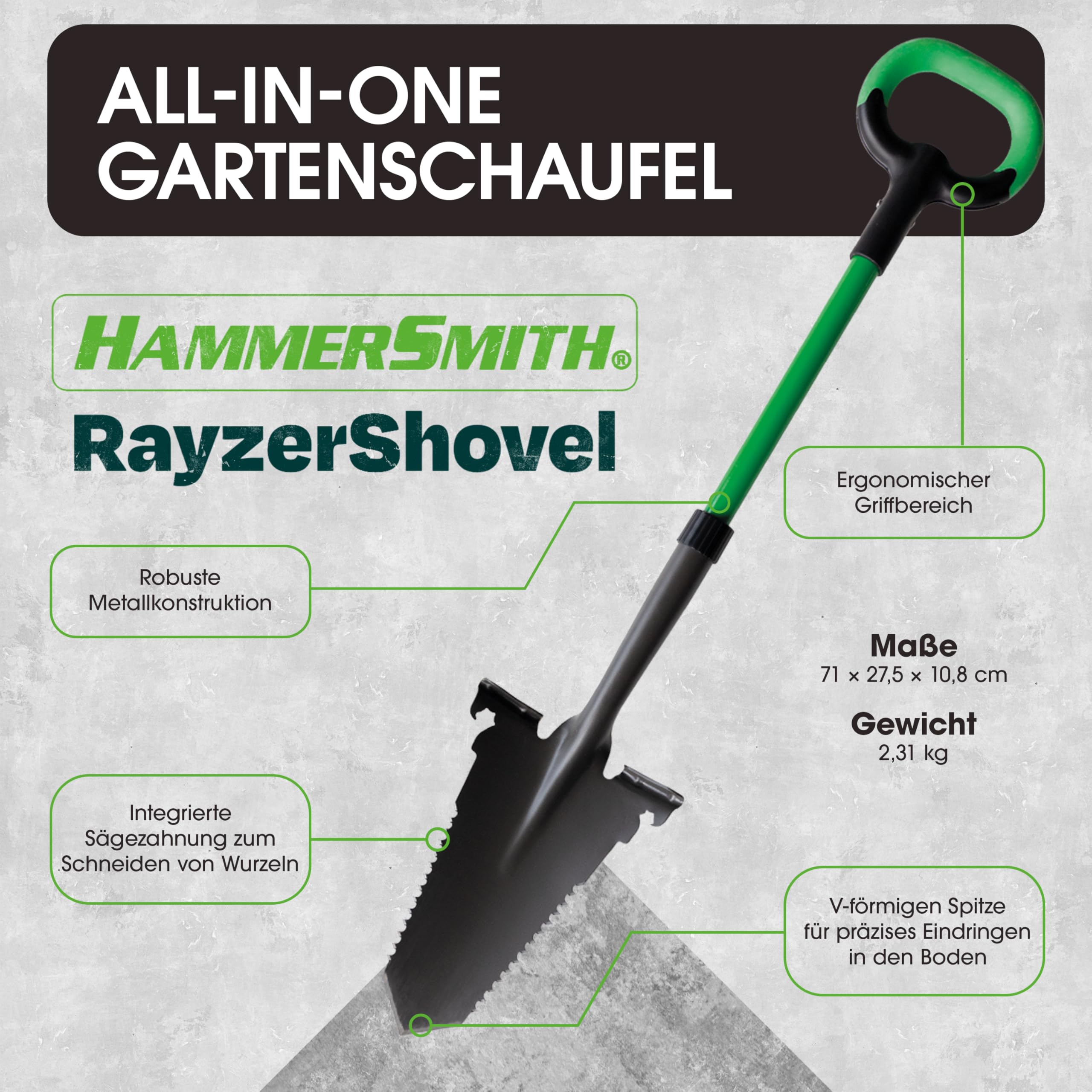 Hammersmith RayzerShovel - Spaten mit Wurzelsäge - Gärtnerspaten für Harte & steinige Böden zum Graben, Schneiden & Sägen - Trittkante für mehr Kraft, für Garten, BAU, Wurzeln entfernen
