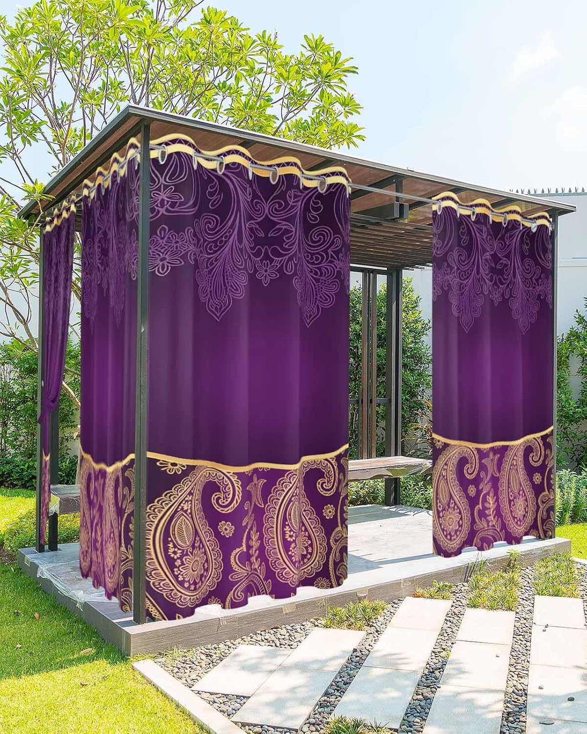 Outdoor Curtains for Patio Waterproof, Purple Boho Floral Windproof Pravicy Outside Porch Blackout Curtain, Vintage Ethnic Tribal Abstract Art Sun Blocking Curtains for Cabana Gazebo 2 Panels 54"x84"