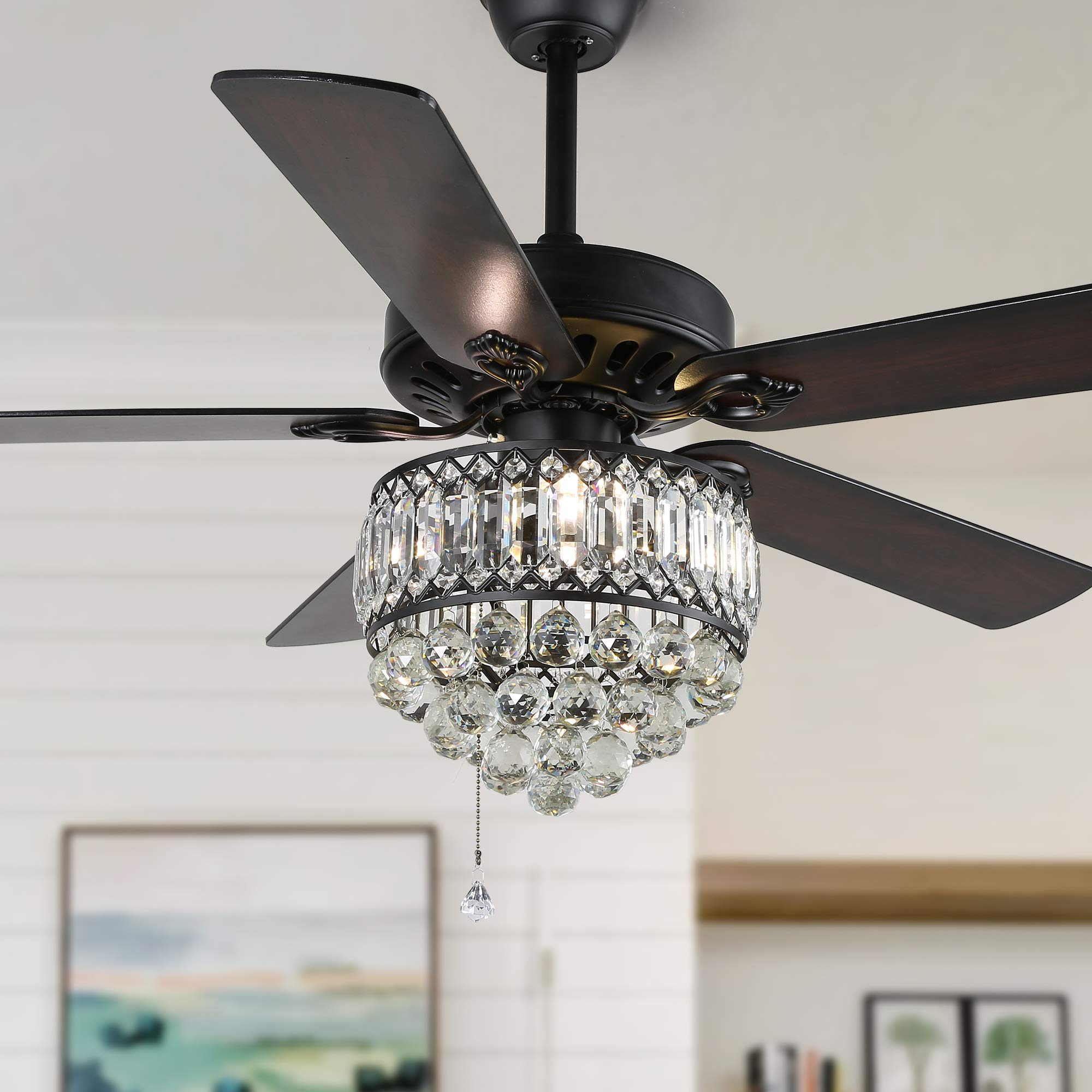 52 Inch Crystal Ceiling Fan with Lights and Remote Control Chandelier Ceiling Fan with Crystal, 5 Reversible Wood Blades & Reversible Motor for Living Room Bedroom, Black