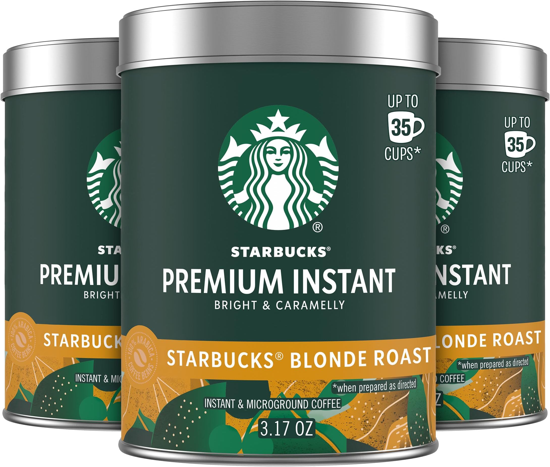 Starbucks Premium Instant Coffee, Starbucks Blonde Roast Coffee, Arabica Beans, Three 3.17 oz Tins