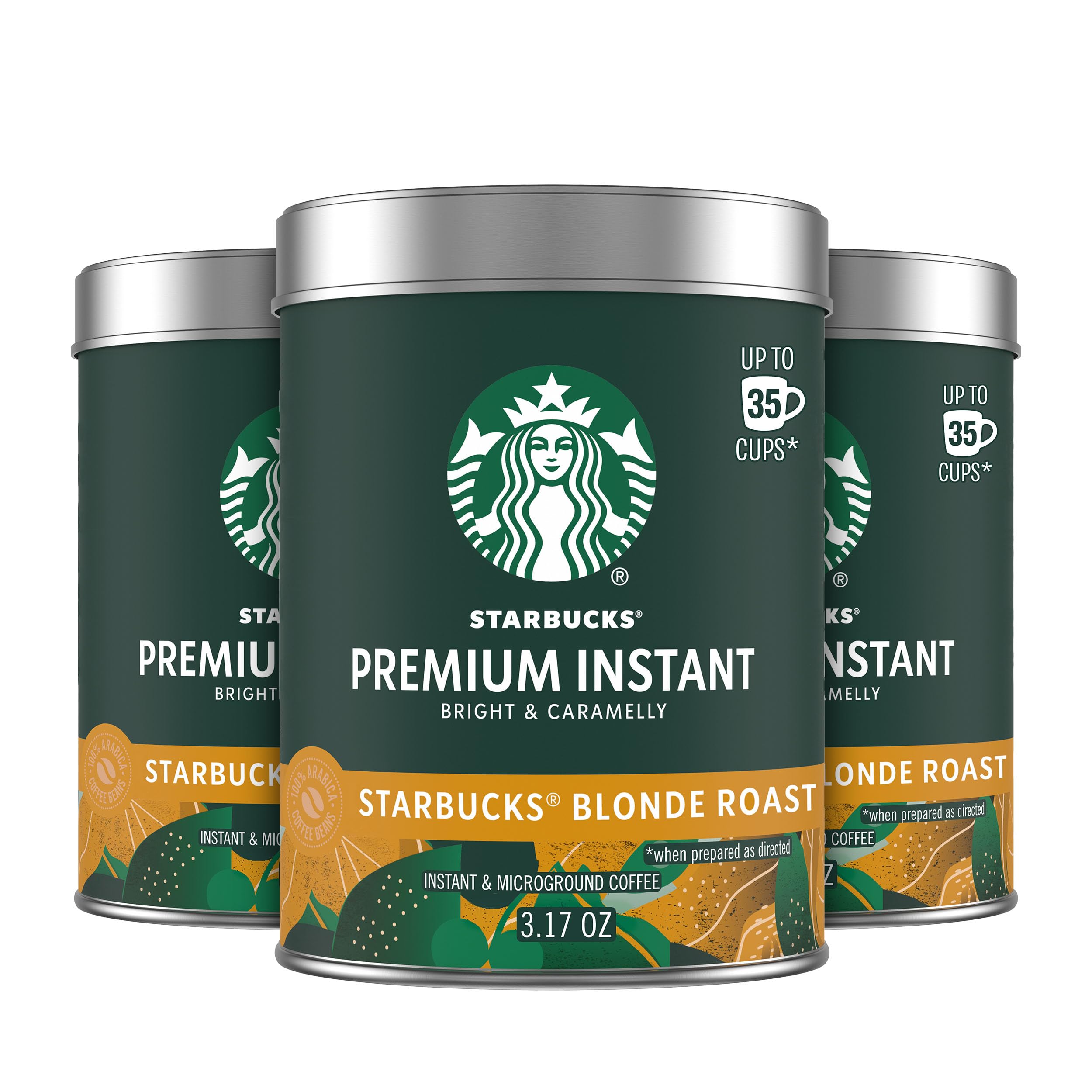 Starbucks Premium Instant Coffee, Starbucks Blonde Roast Coffee, Arabica Beans, Three 3.17 oz Tins