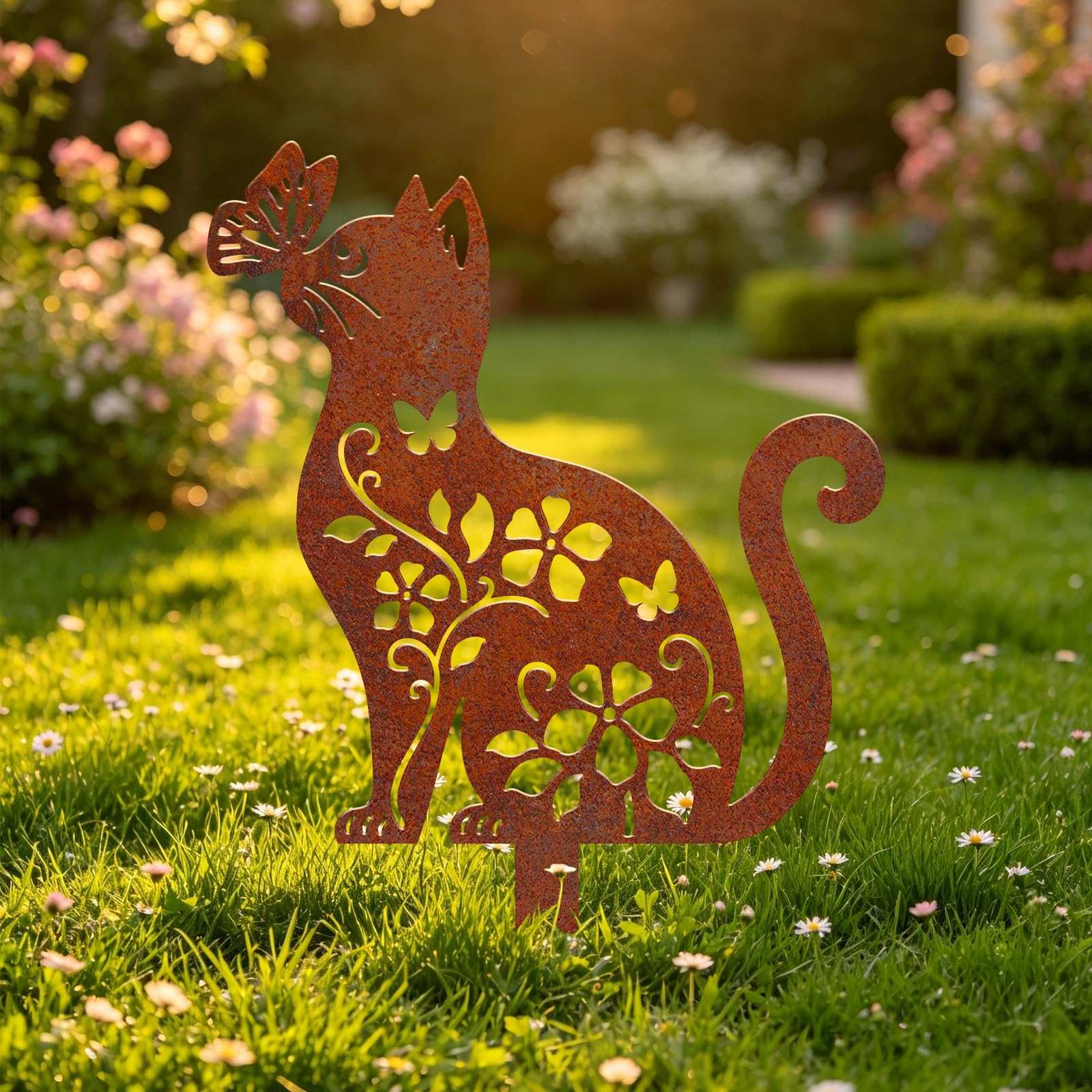 CUTHOLLOW Cats and Flowers Rusty Metal Garden Stakes, Yard Art Decor