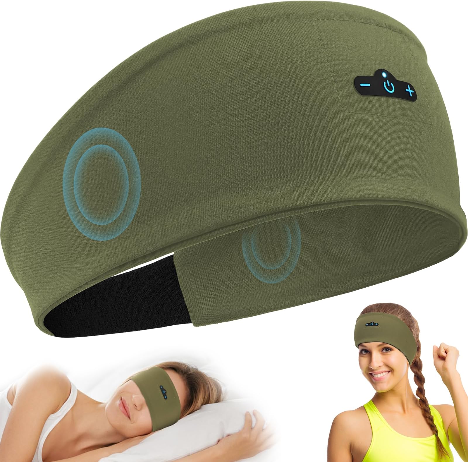 Sleep Headphones Bluetooth Headband for Side Sleeper, 17 Hour Playtime, Wireless Headband Headphones with HD Stereo Speakers for Workout,Running,Yoga, Ideal Gifts for Men, Women, Teens, Olive