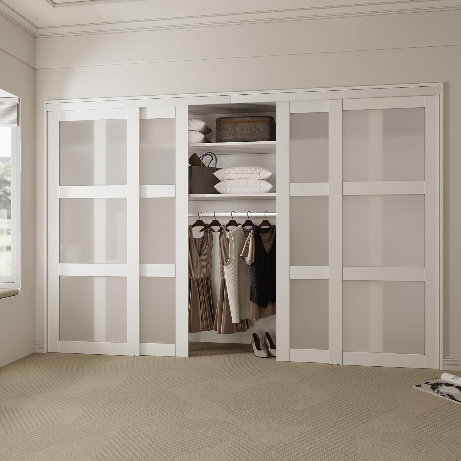 WinStellar 96 x 80 Sliding Closet Door for Bedrooms, 3-Lite Tempered Frosted Glass Door with Hardware Kit, Pre-Assembled Sliding Panels with Water-Resistance Surface & No Damage to Floor