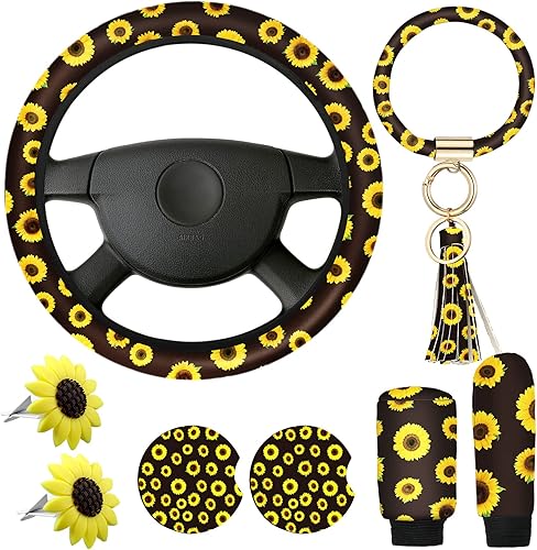 Tallew Juego de 8 accesorios para el interior del automóvil con diseño de girasol, universal, de 14 a 15 pulgadas, funda para volante de girasol,