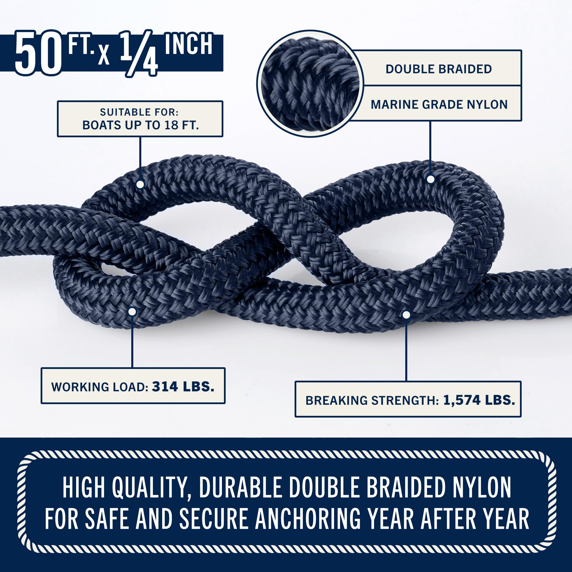 Línea de Anclaje para Barco, Cuerda de Anclaje de 50 pies x 1/4 Pulgadas, Cuerda de Nailon Trenzado Doble con dedal 316SS y Gancho de presión de Grado Marino Resistente, Color Azul