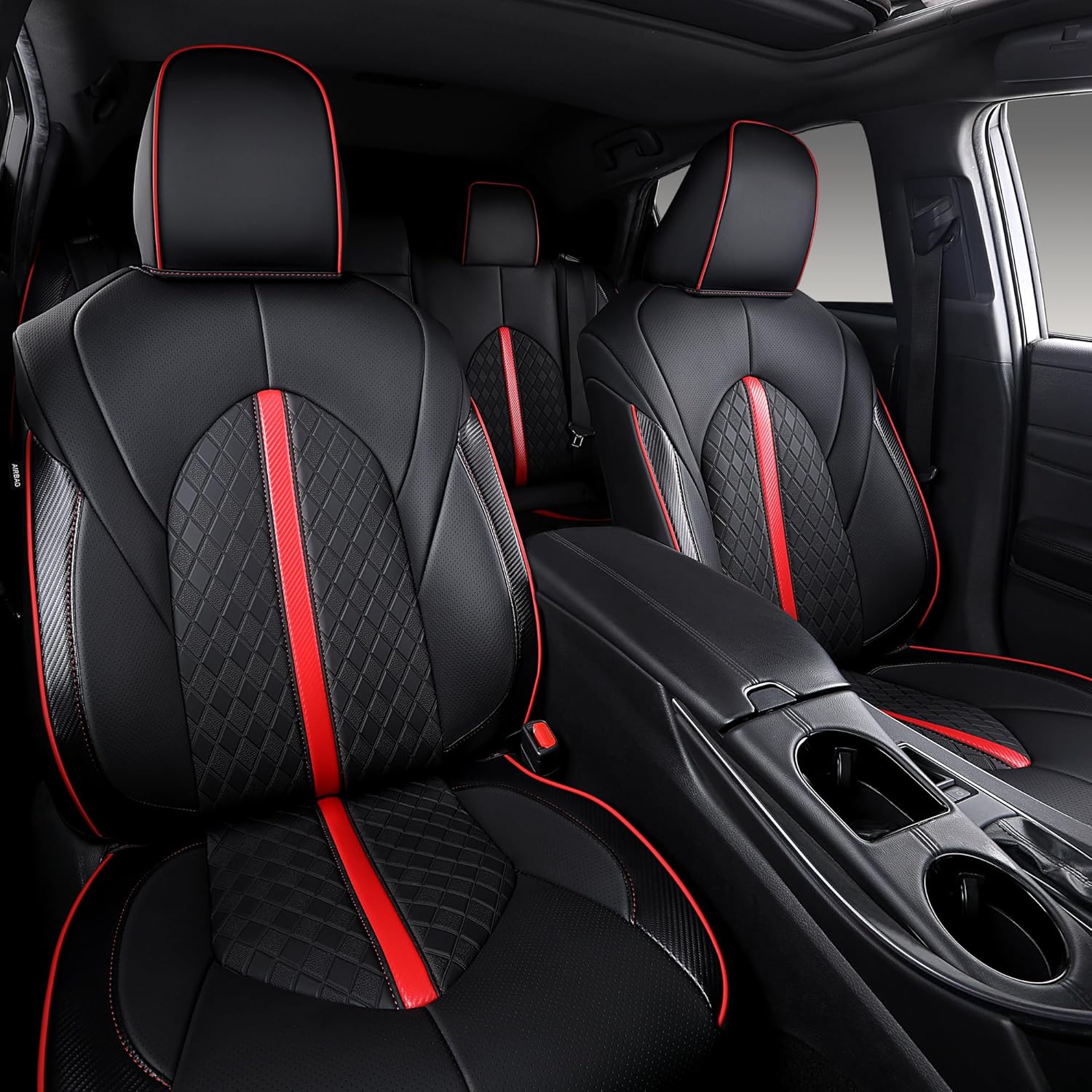 Custom Fit Camry Seat Covers for 2018-2024 Toyota Camry LE SE SE Nightshade, Waterproof Faux Leather Full Coverage Car Seat Protectors Full Set (Black+Red)