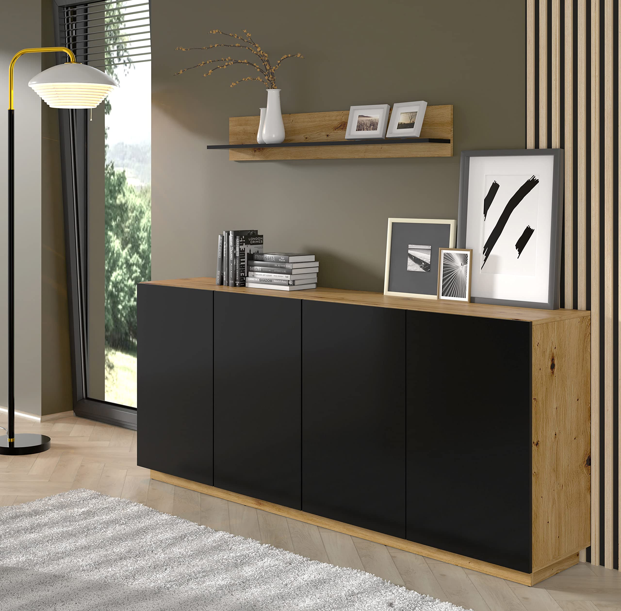 BIM Furniture Wandregal Aura – Modern Dekoregal 16x150x20 cm, Hängeregal, Wohnzimmer Regal, Wandmontage – Eiche Artisan/Schwarz Matt