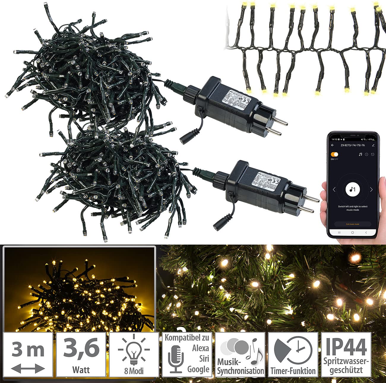 Lunartec Smart Home Lichterkette: 2er-Set WLAN-LED-Büschel-Lichterketten, 300 LEDs, App, 6 m, dunkelgrün (Lichterkette Strom innen, Partylichterketten außen Strom, Dimmer)