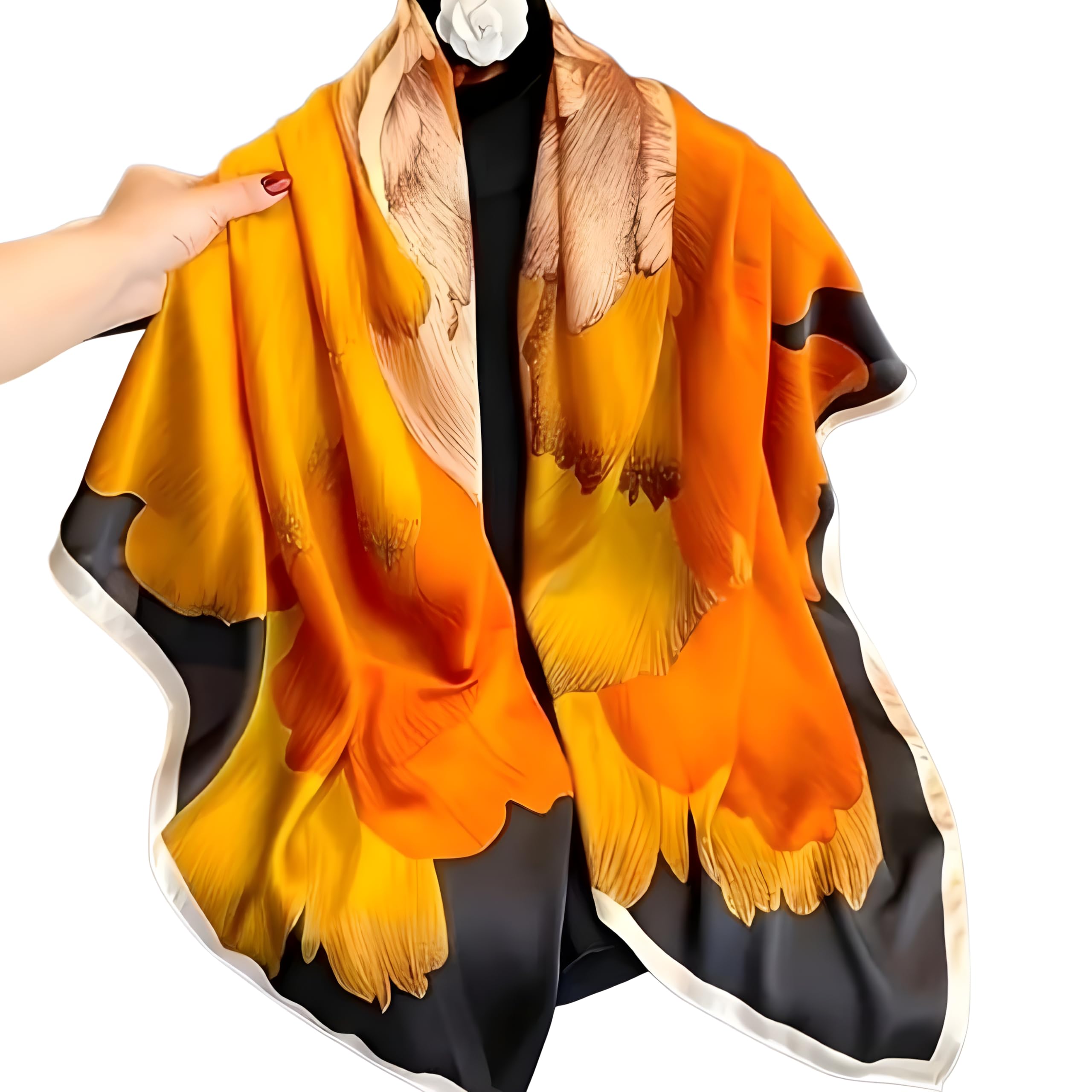 Silk Scarf, Orange Yellow Gradient, Feather Print Design, Black Border, Lightweight Shawl Wrap-image-41