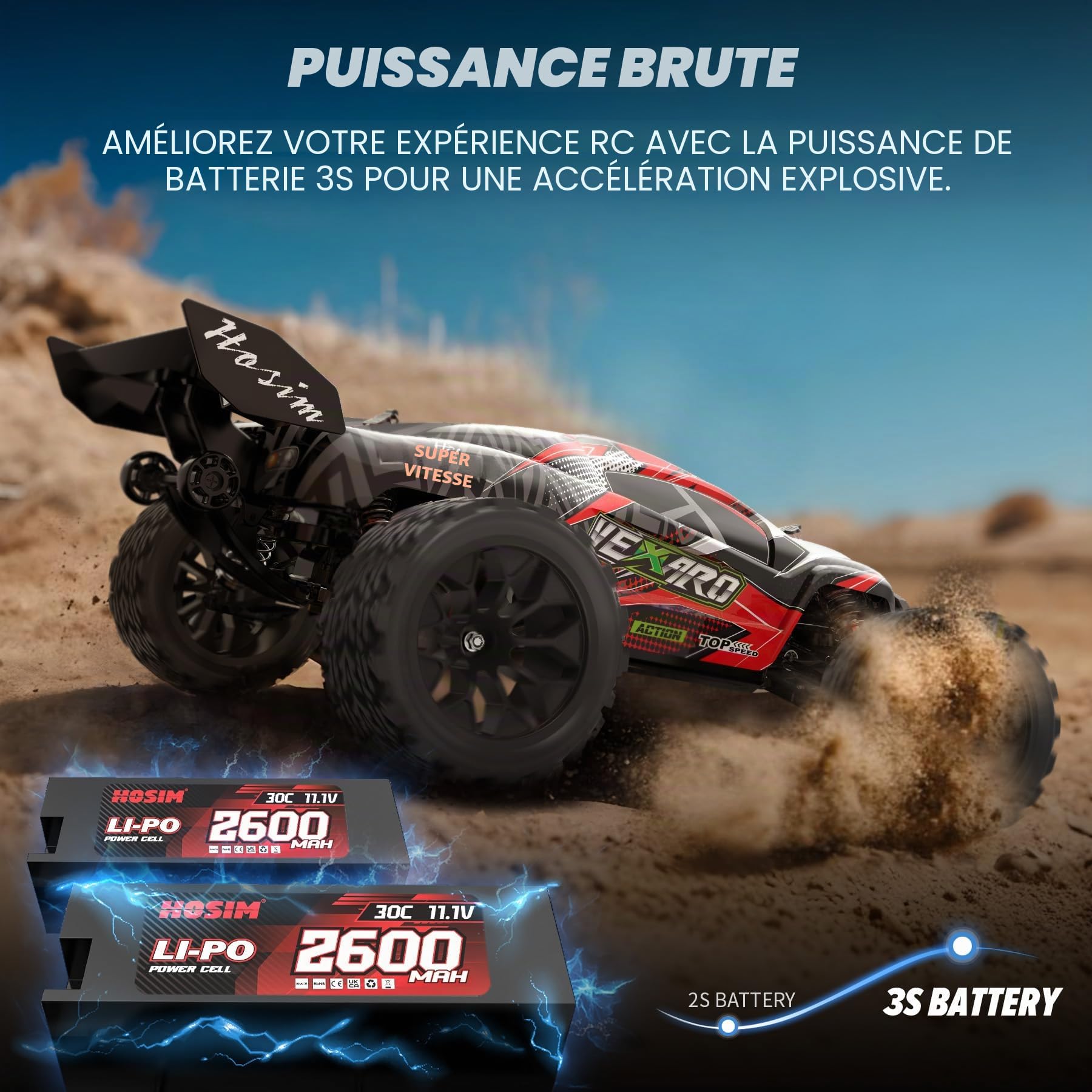 Hosim Voiture télécommandée à partir de 14 ans, 1:8 Brushless RC voiture 70+ km/h, haute vitesse, 4 x 4 tout-terrain, étanche, grande voiture RC pour adultes, Truggy tout-terrain 50+ min de temps de